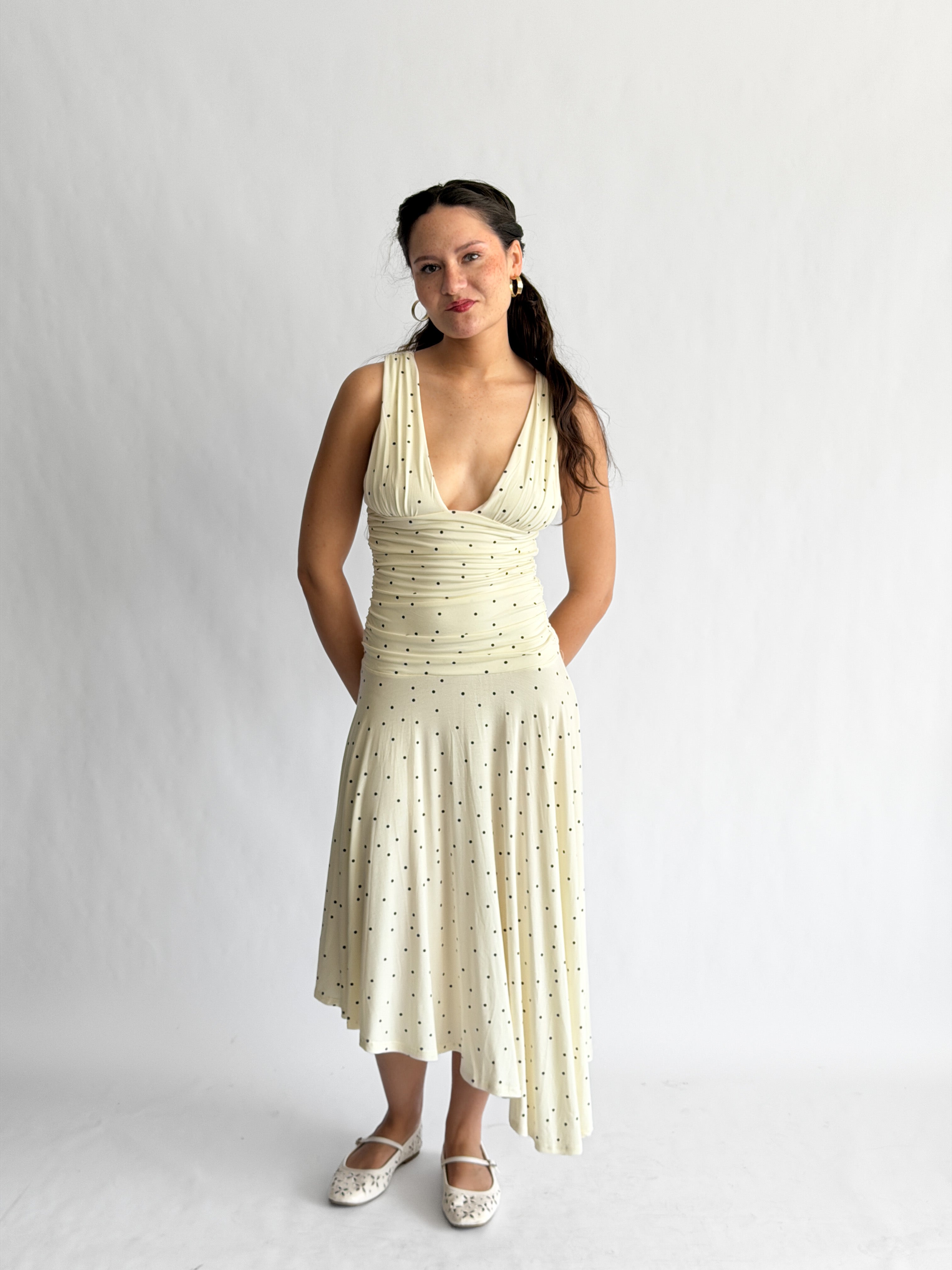 Sammie Polka Dot Ruched Asymmetrical Midi Dress (Cream)