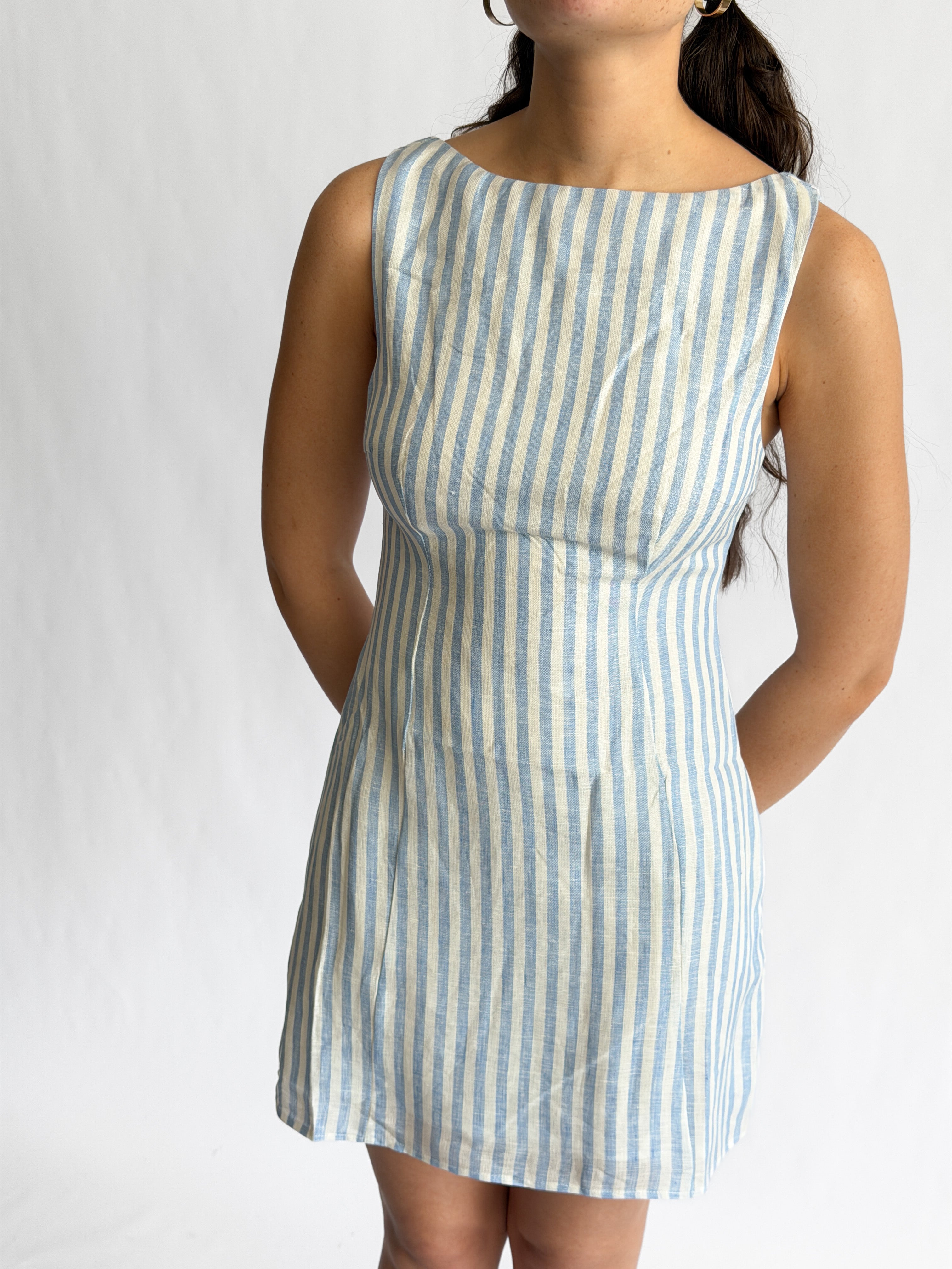 Sofie the Label Fiona Stripe Linen Sleeveless Mini Dress (Blue)