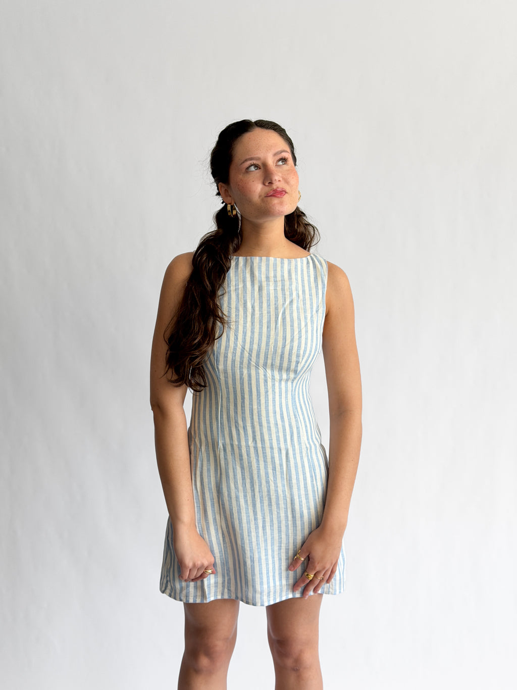 Sofie the Label Fiona Stripe Linen Sleeveless Mini Dress (Blue)