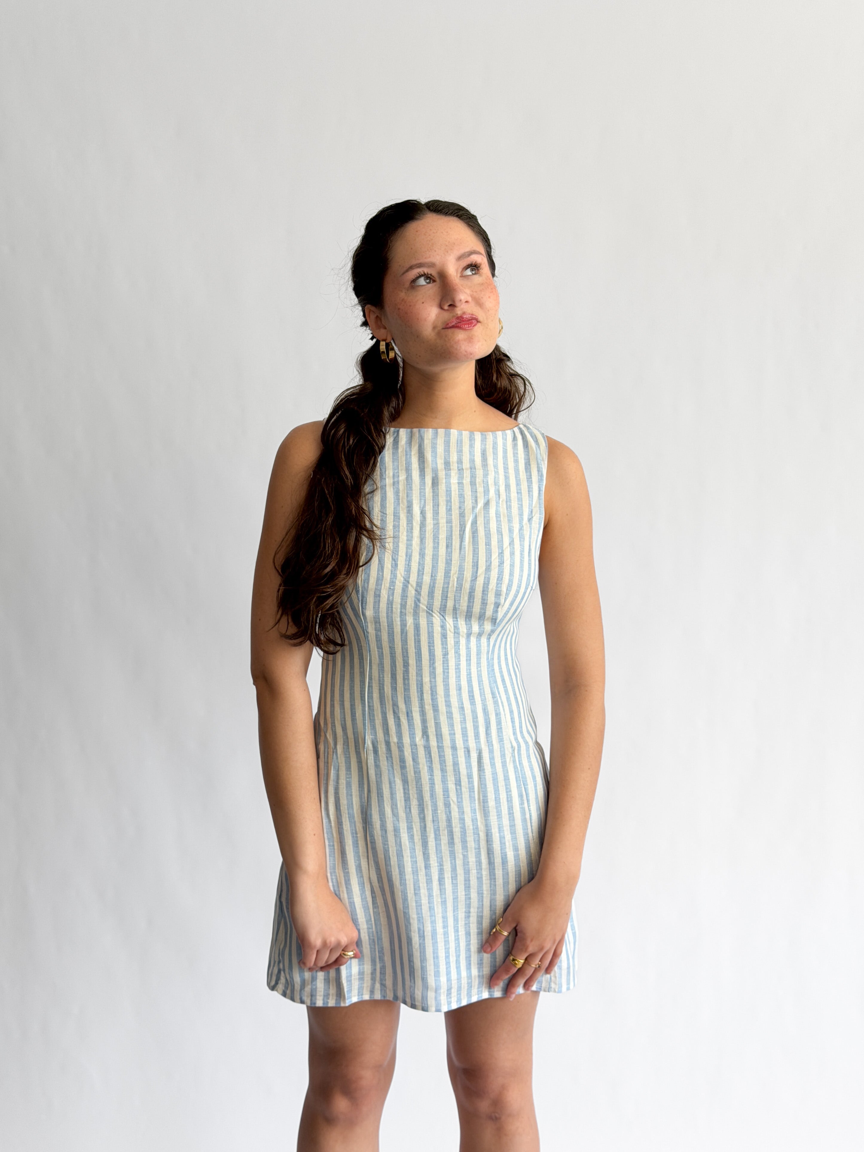 Sofie the Label Fiona Stripe Linen Sleeveless Mini Dress (Blue)