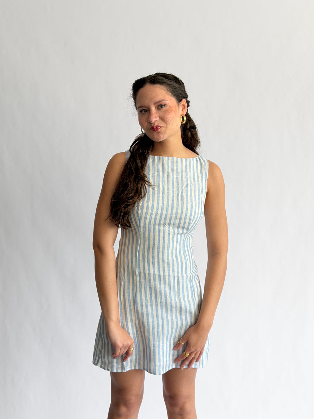 Sofie the Label Fiona Stripe Linen Sleeveless Mini Dress (Blue)