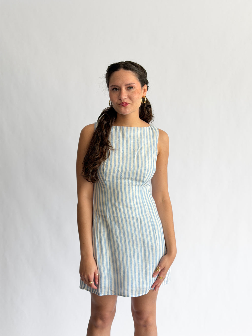 Sofie the Label Fiona Stripe Linen Sleeveless Mini Dress (Blue)