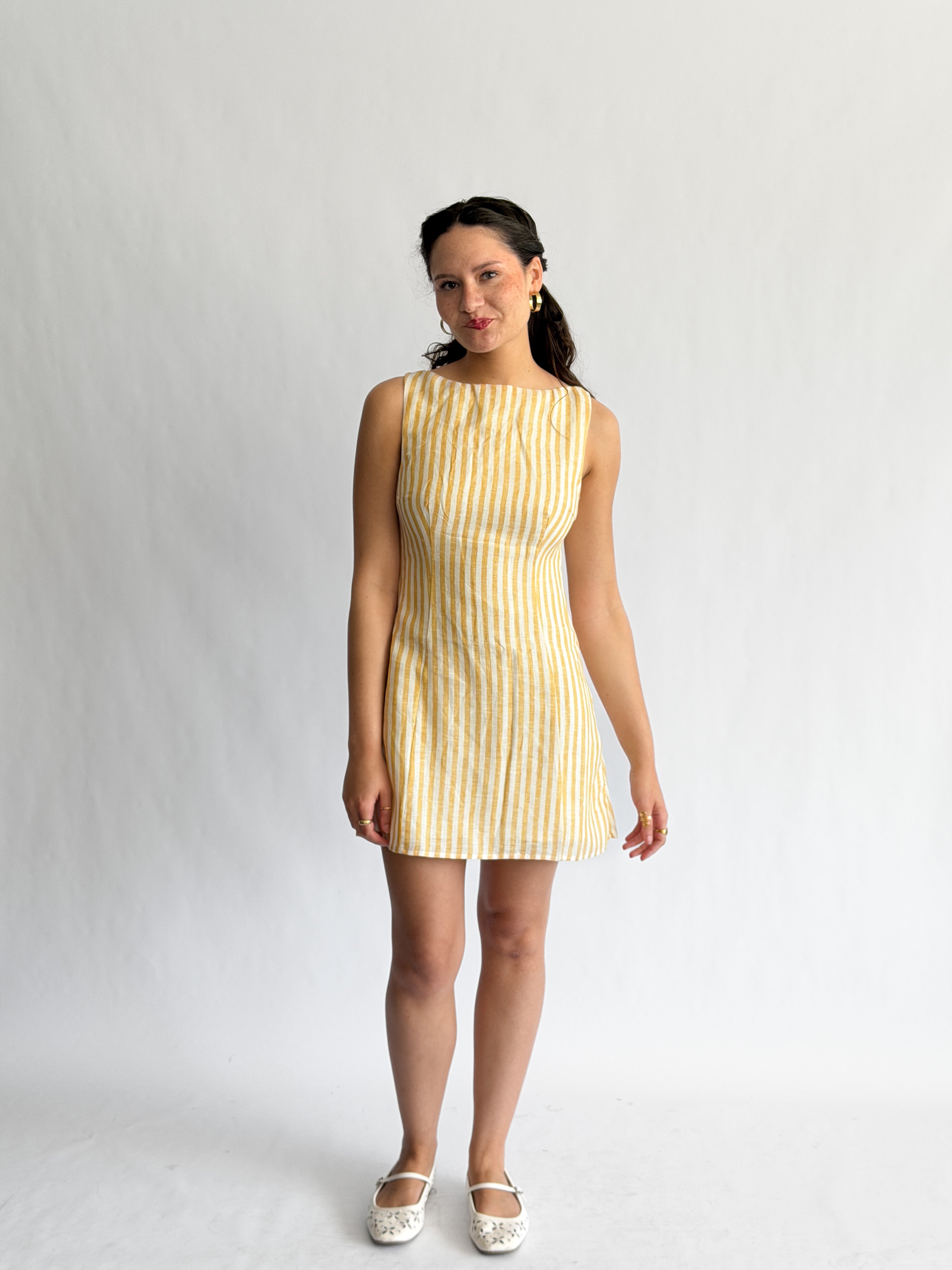 Sofie the Label Fiona Stripe Linen Sleeveless Mini Dress (Yellow)