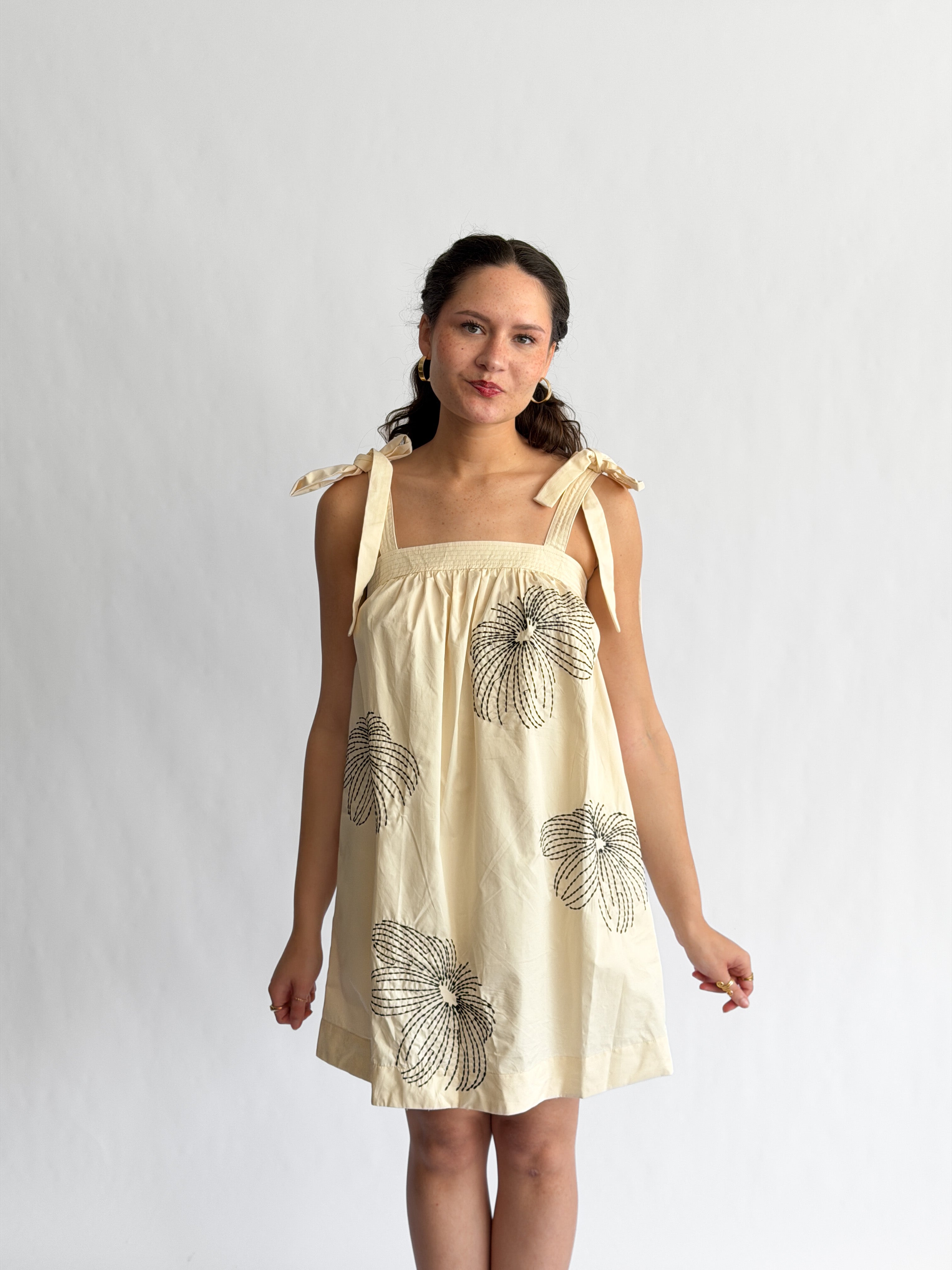Sofia Cream Embroidered Tie Shoulder Sleeveless Mini Dress