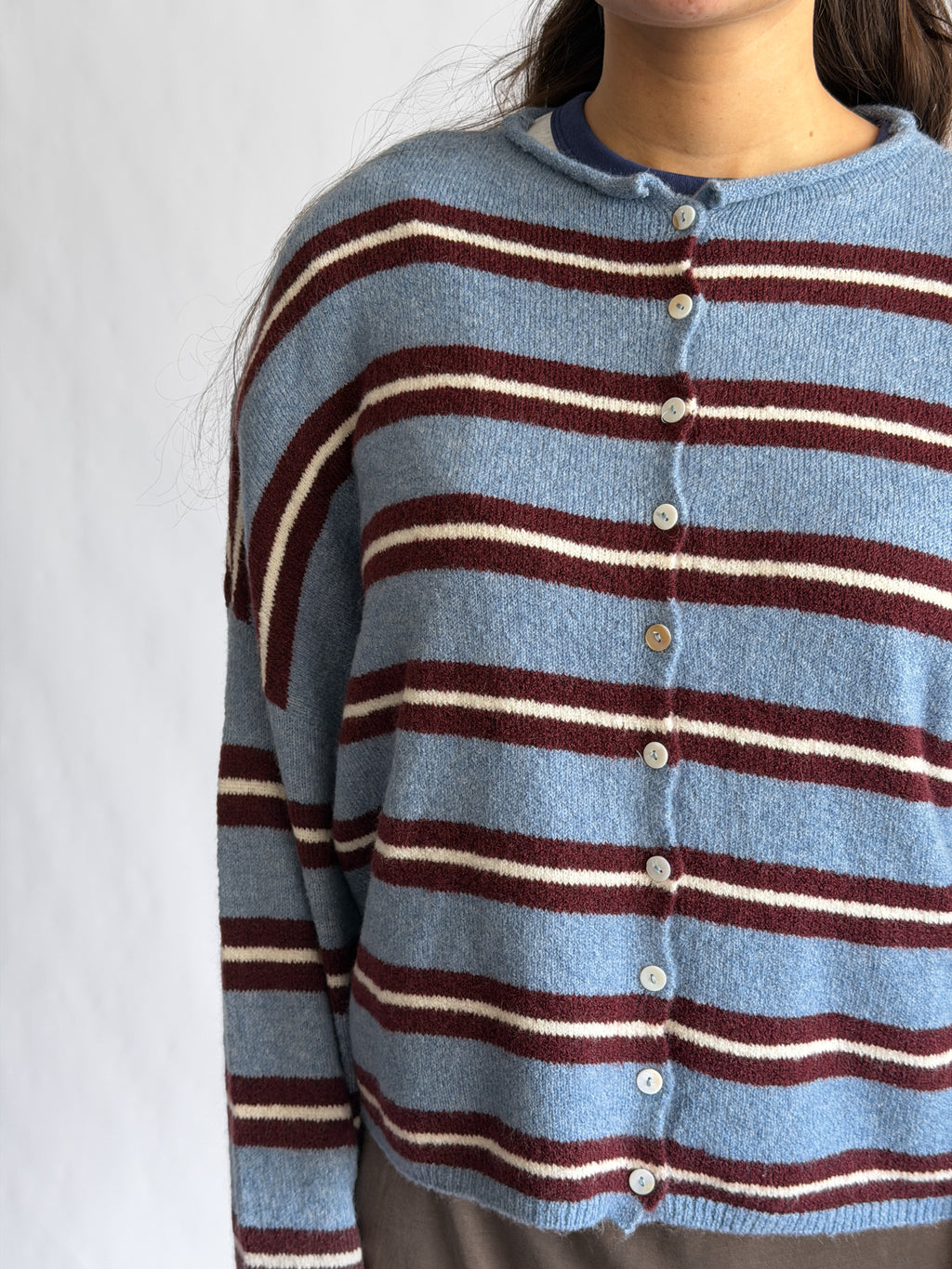 Things Between Piper Knit Rolled Hem Button Cardigan (Blue/Burgundy Stripe)