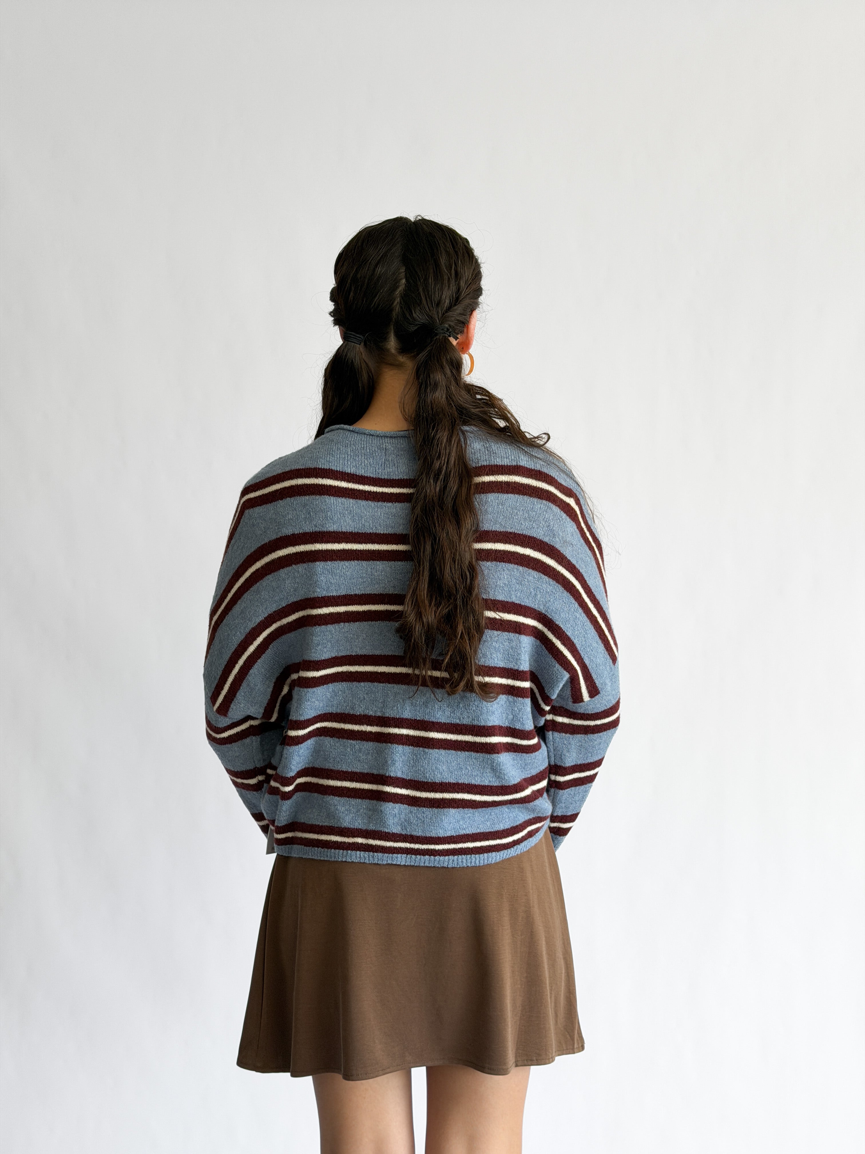 Things Between Piper Knit Rolled Hem Button Cardigan (Blue/Burgundy Stripe)