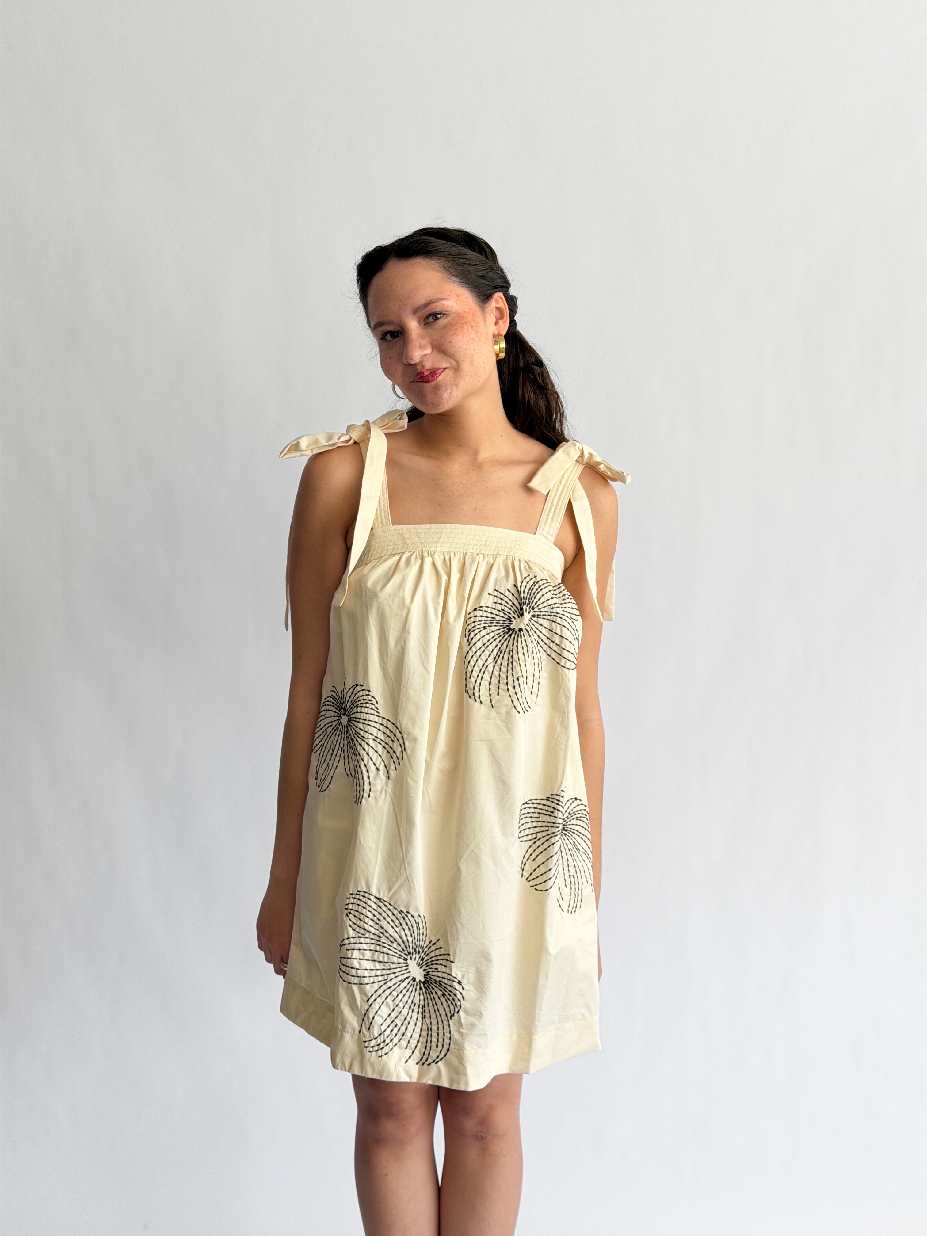Sofia Cream Embroidered Tie Shoulder Sleeveless Mini Dress