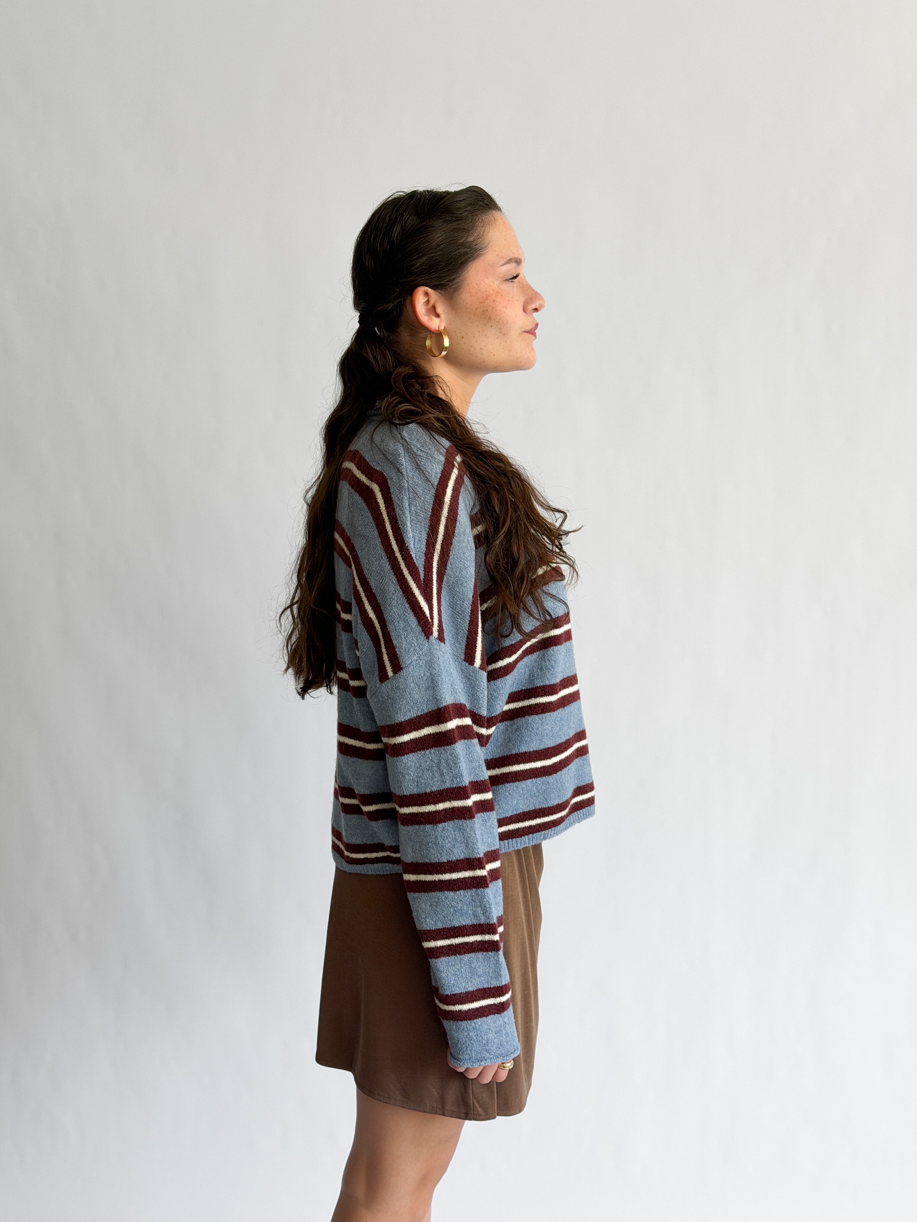 Things Between Piper Knit Rolled Hem Button Cardigan (Blue/Burgundy Stripe)