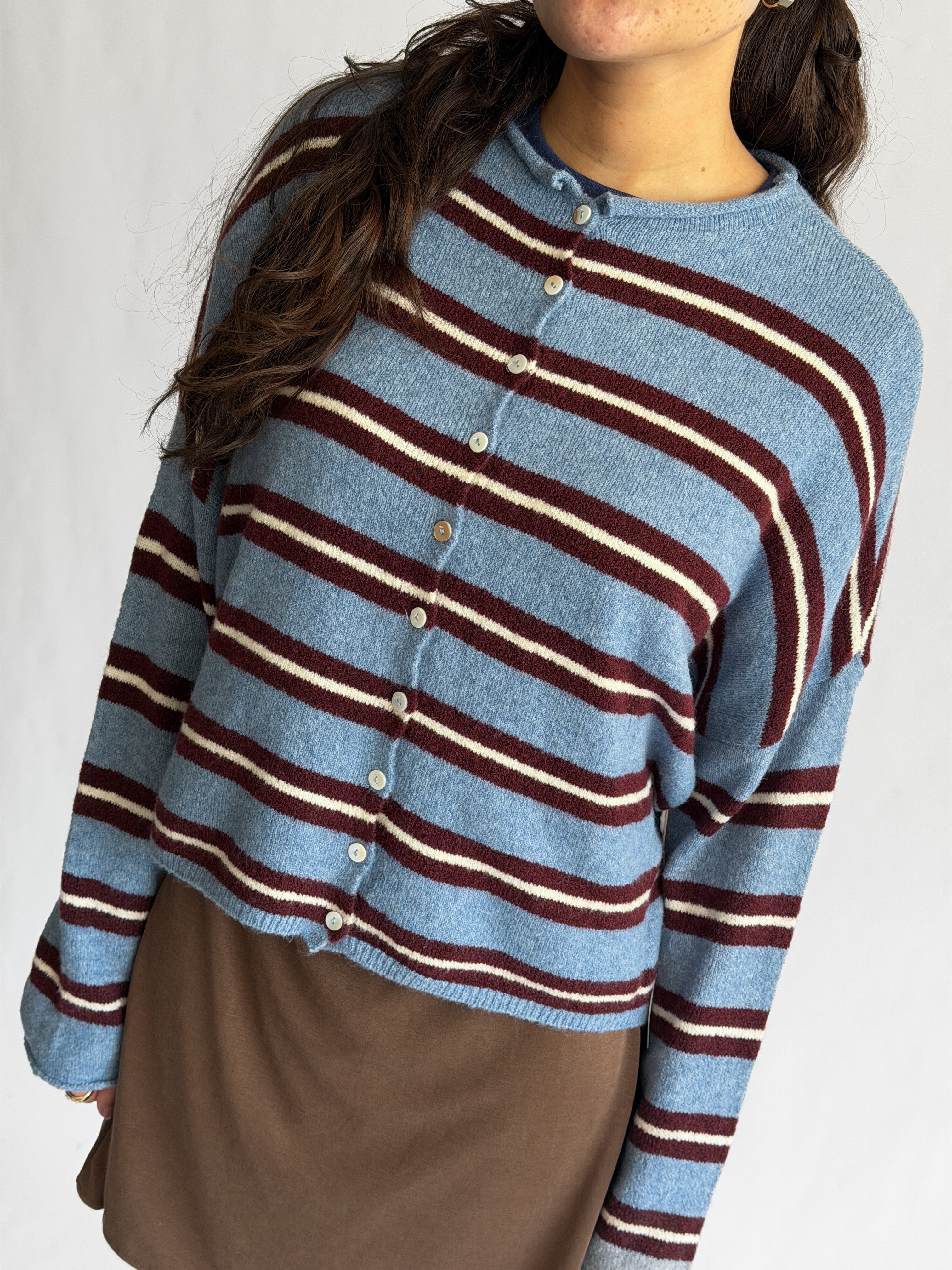 Things Between Piper Knit Rolled Hem Button Cardigan (Blue/Burgundy Stripe)