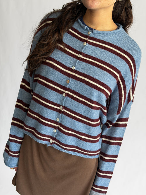 Things Between Piper Knit Rolled Hem Button Cardigan (Blue/Burgundy Stripe)