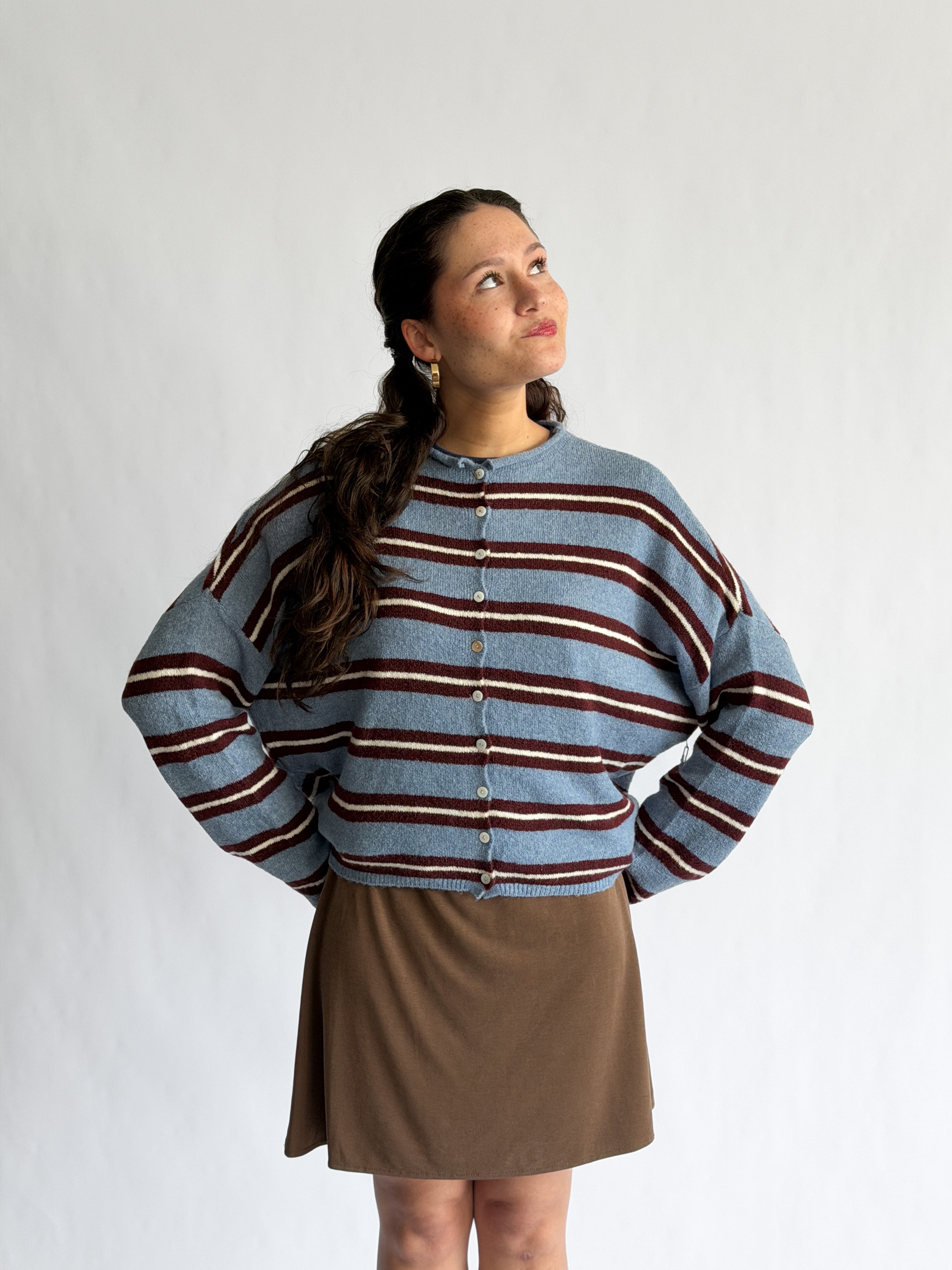 Things Between Piper Knit Rolled Hem Button Cardigan (Blue/Burgundy Stripe)