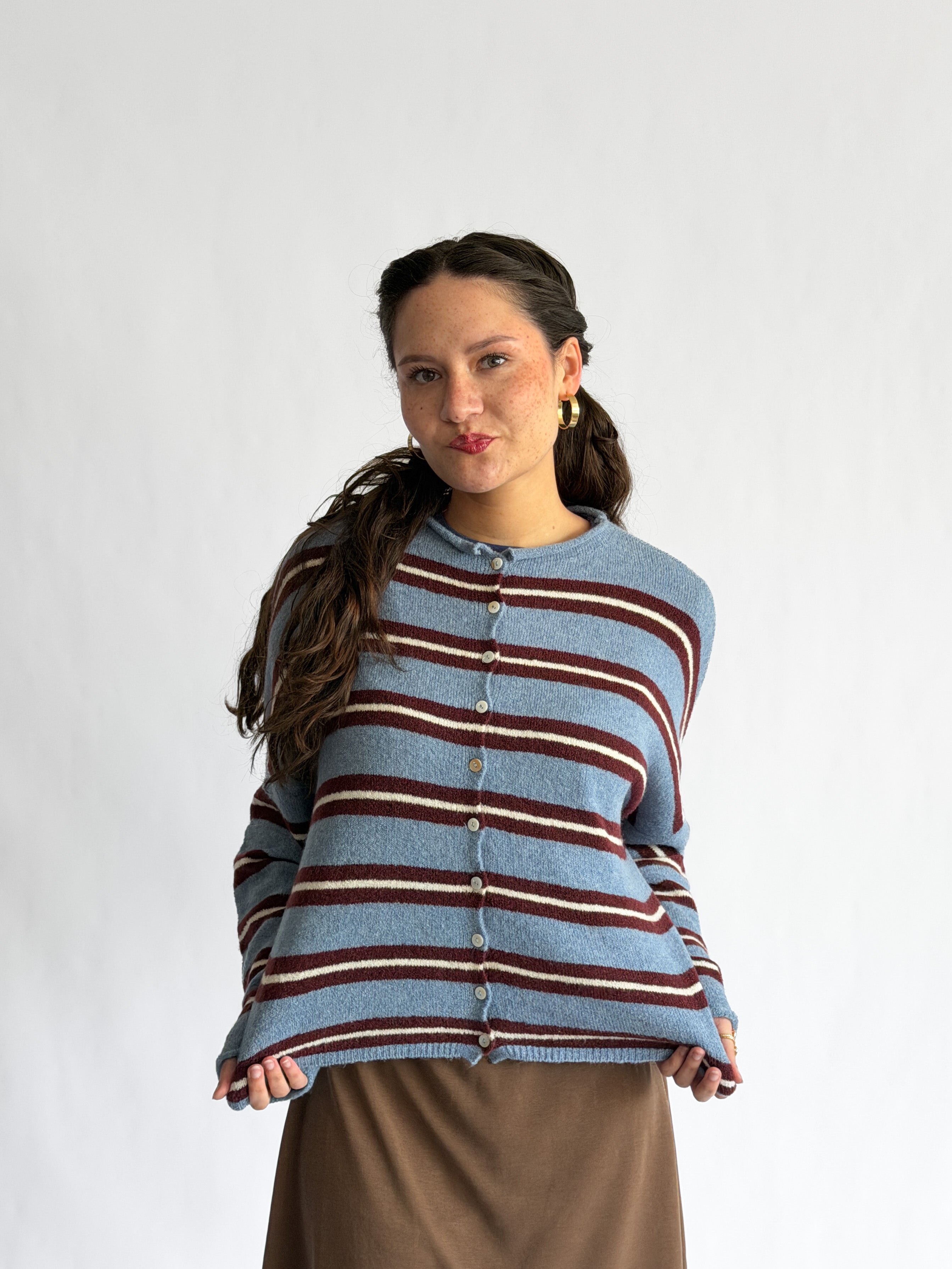 Things Between Piper Knit Rolled Hem Button Cardigan (Blue/Burgundy Stripe)