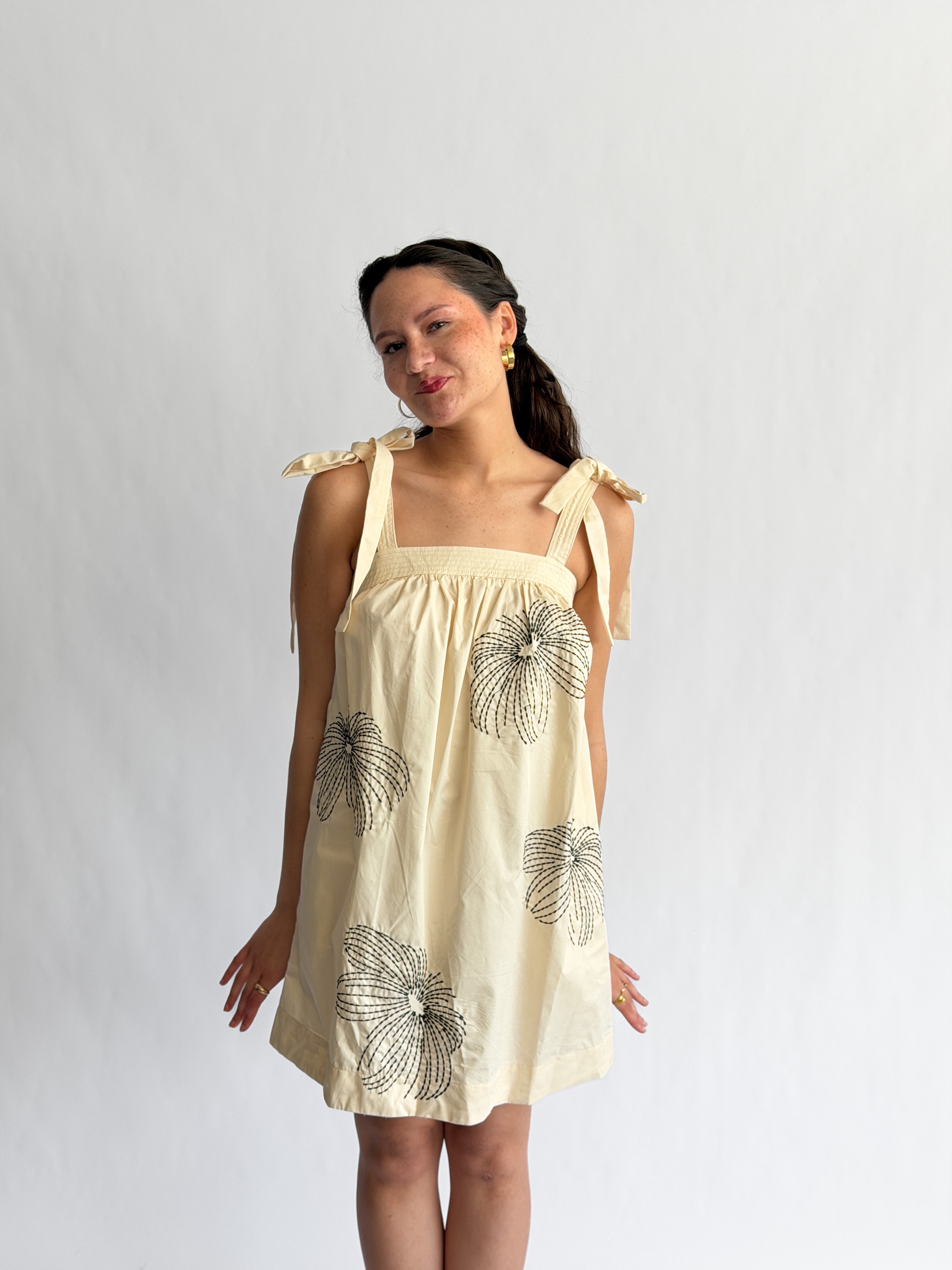 Sofia Cream Embroidered Tie Shoulder Sleeveless Mini Dress