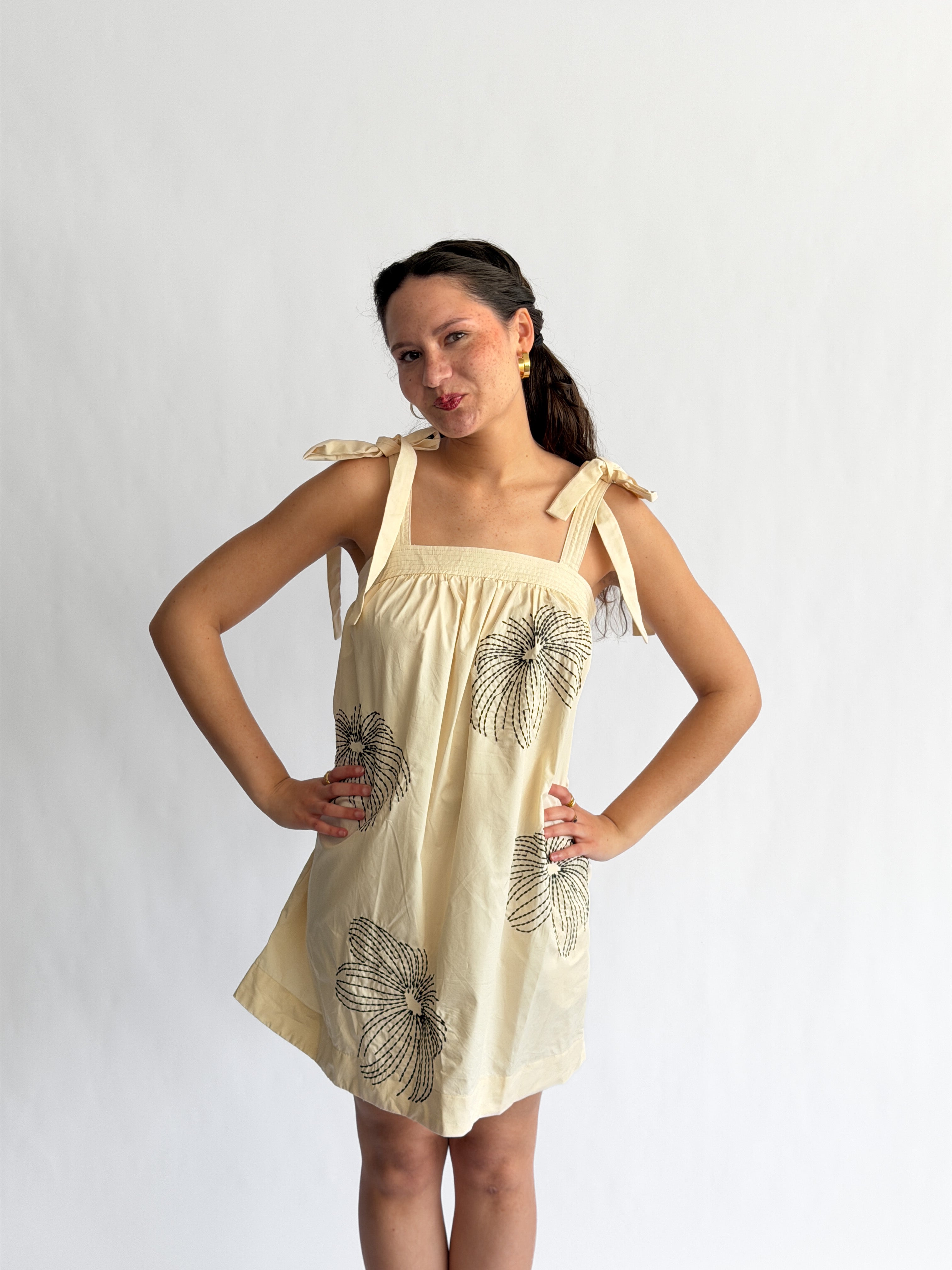 Sofia Cream Embroidered Tie Shoulder Sleeveless Mini Dress