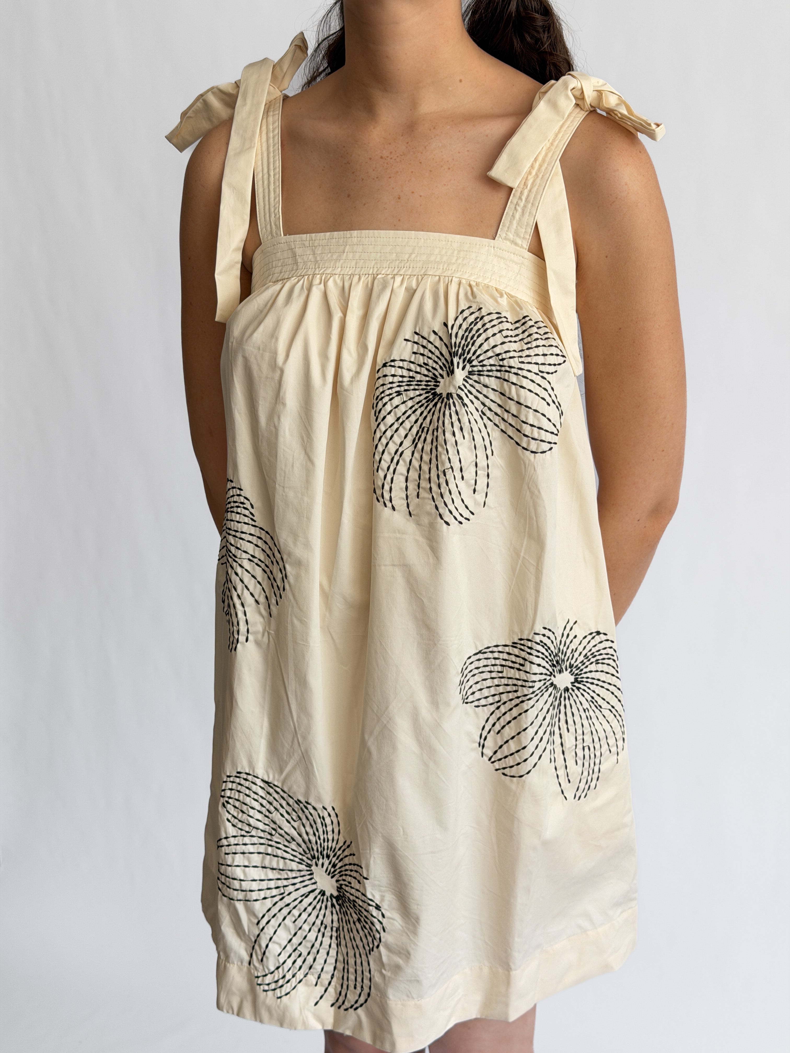 Sofia Cream Embroidered Tie Shoulder Sleeveless Mini Dress