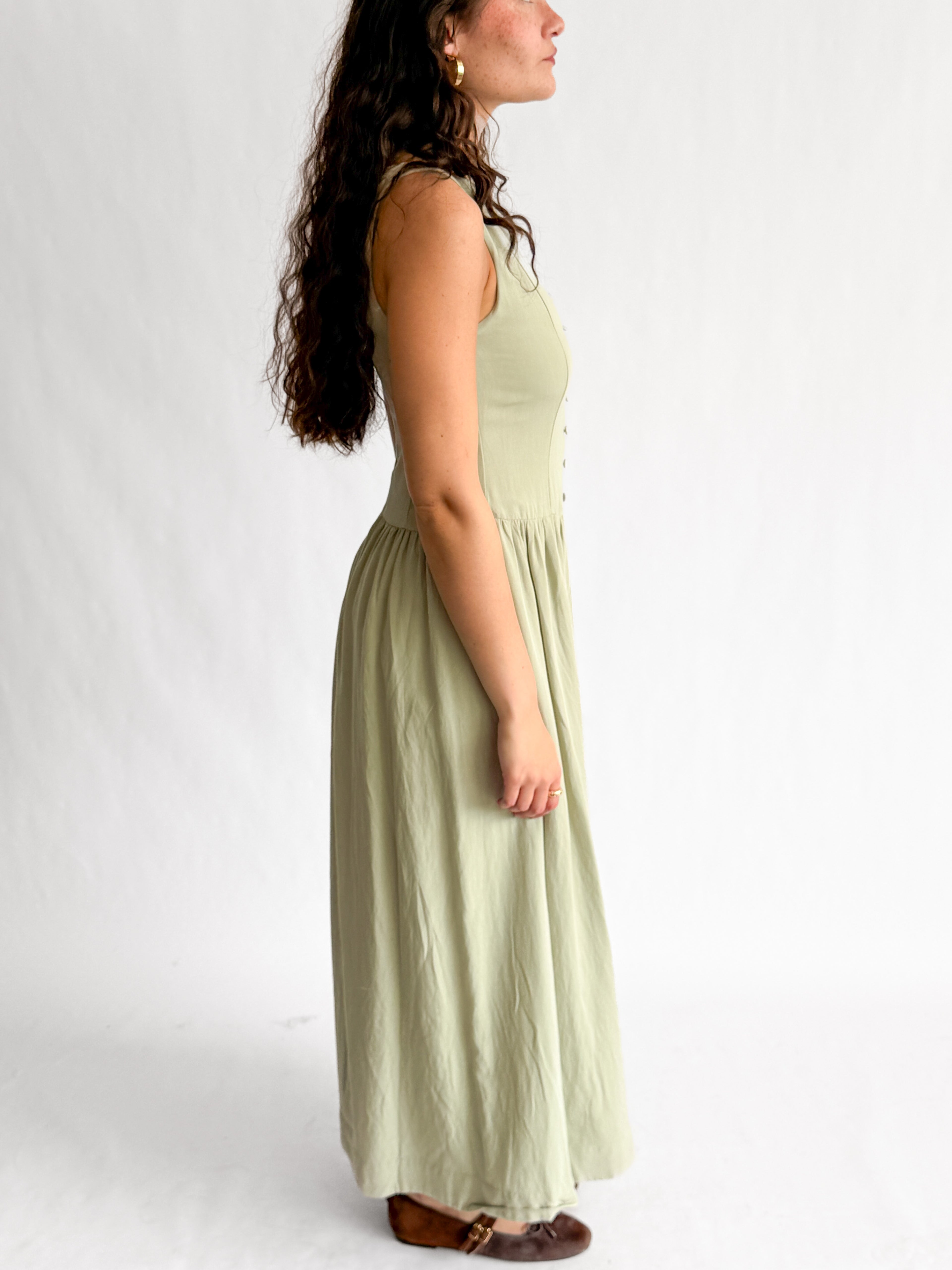 Tori Boat Neck Front Button Detail Cotton Midi Dress (Green)