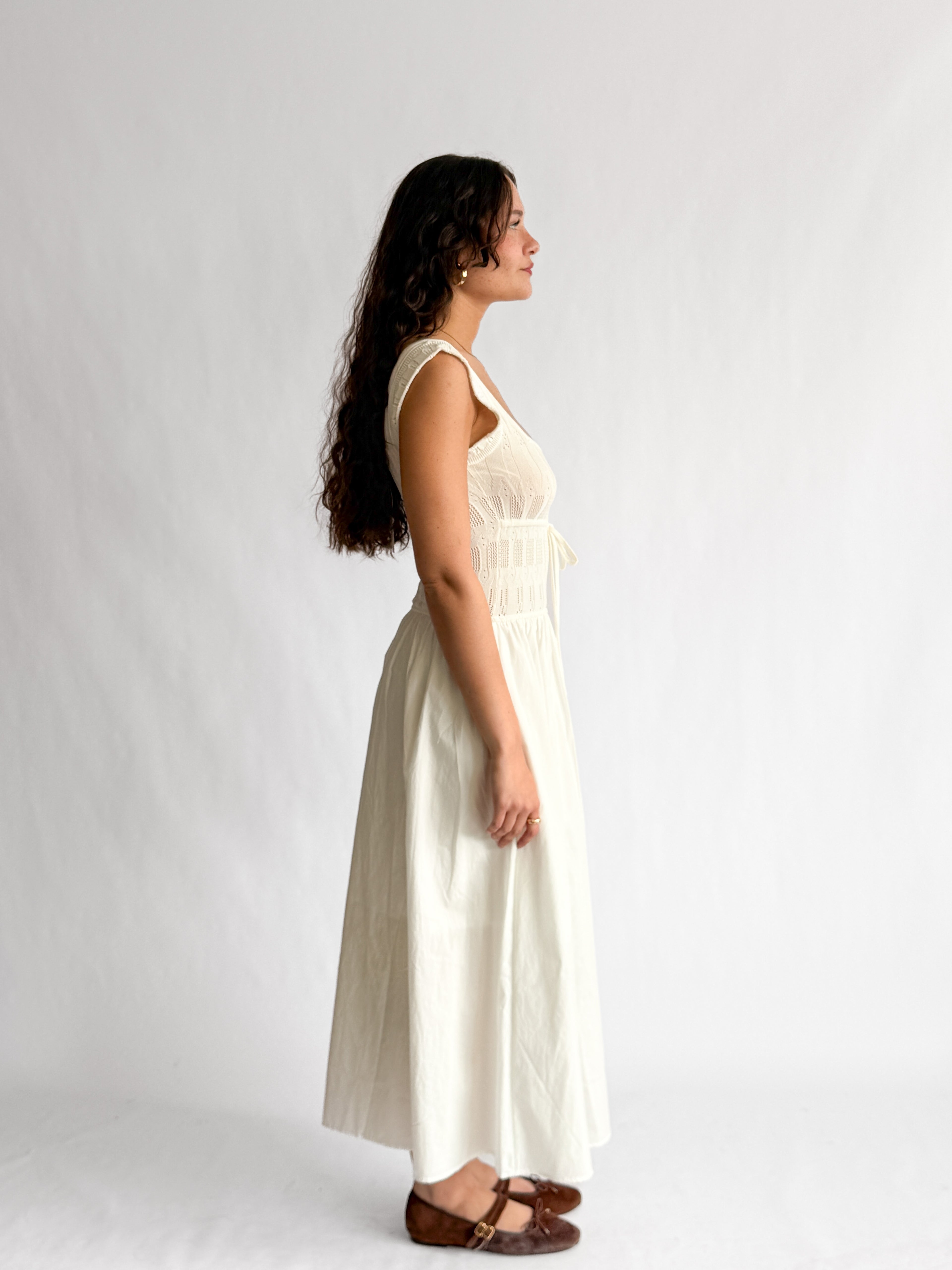 Tamara Ivory Textured Knit Smock Tiered Midi Dress