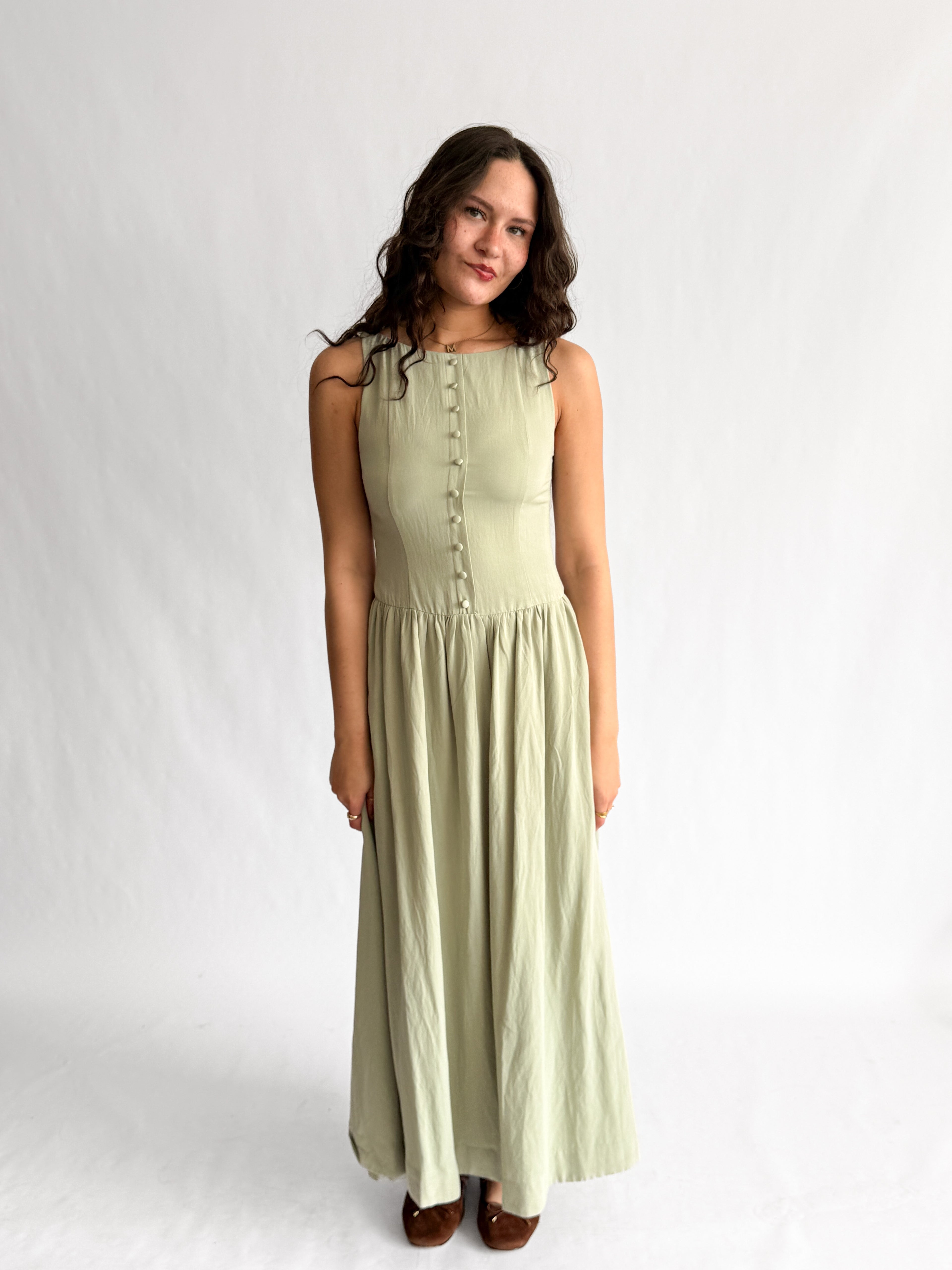 Tori Boat Neck Front Button Detail Cotton Midi Dress (Green)