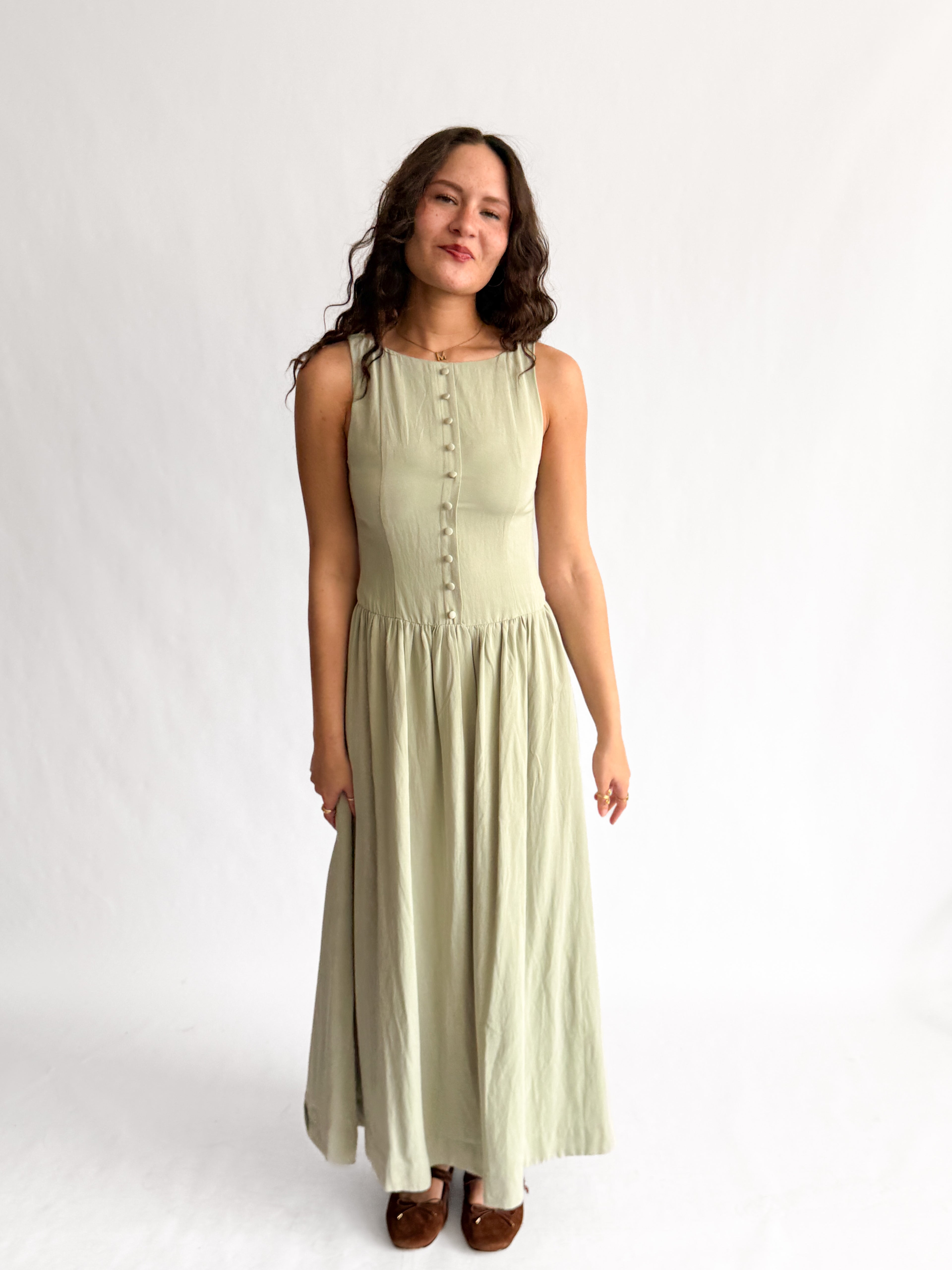 Tori Boat Neck Front Button Detail Cotton Midi Dress (Green)