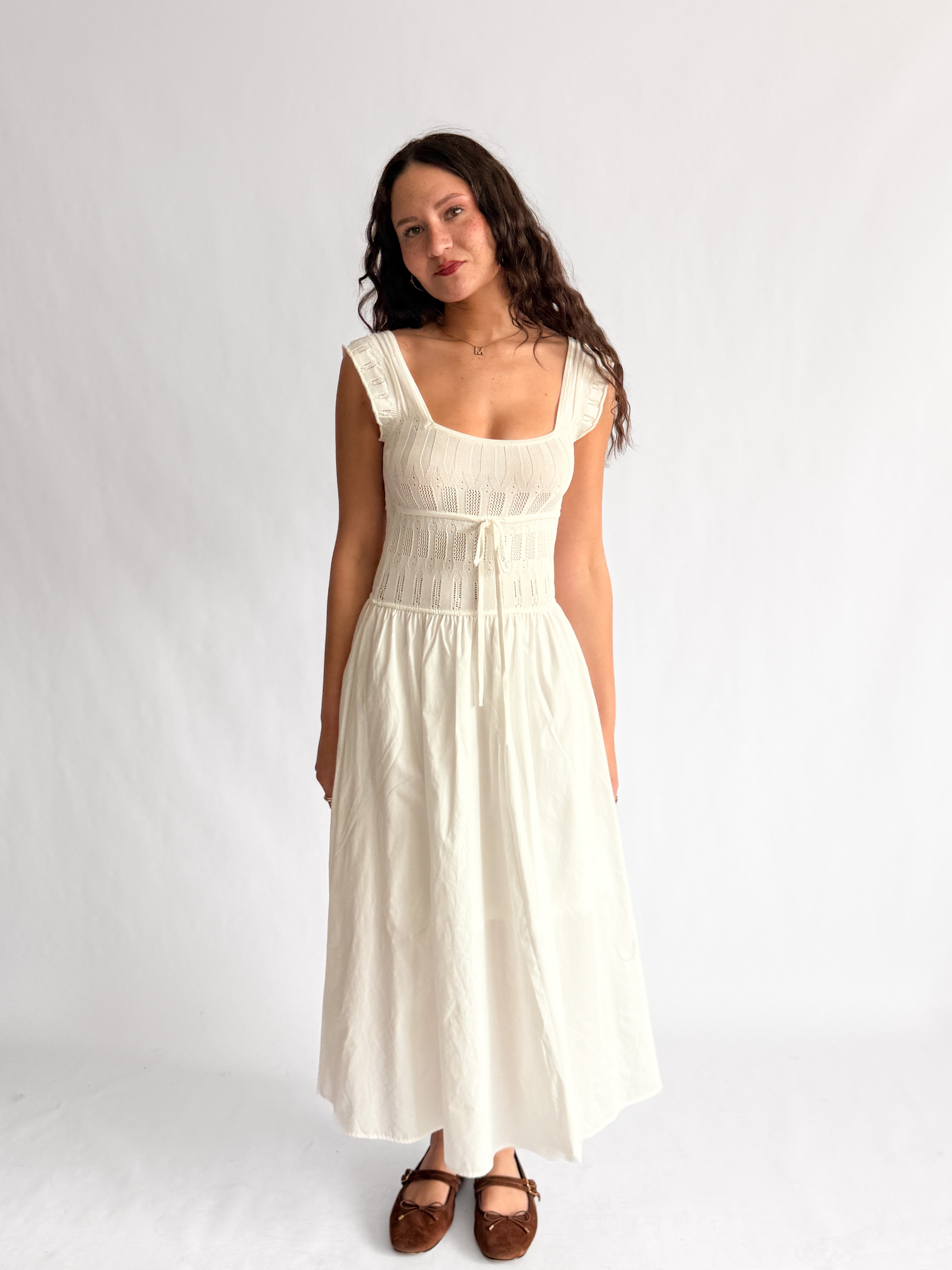 Tamara Ivory Textured Knit Smock Tiered Midi Dress