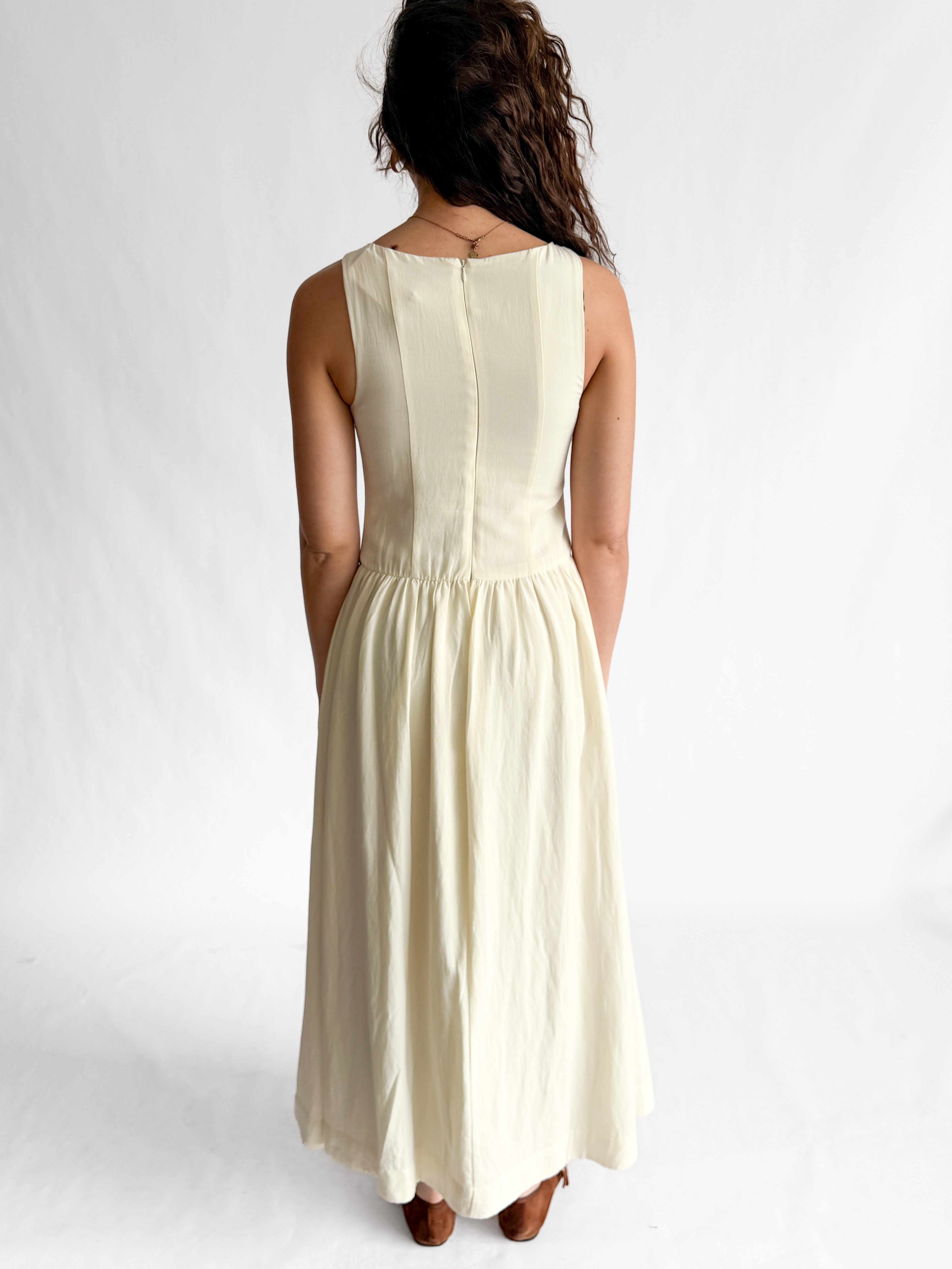 Tori Boat Neck Front Button Detail Cotton Midi Dress (Cream)