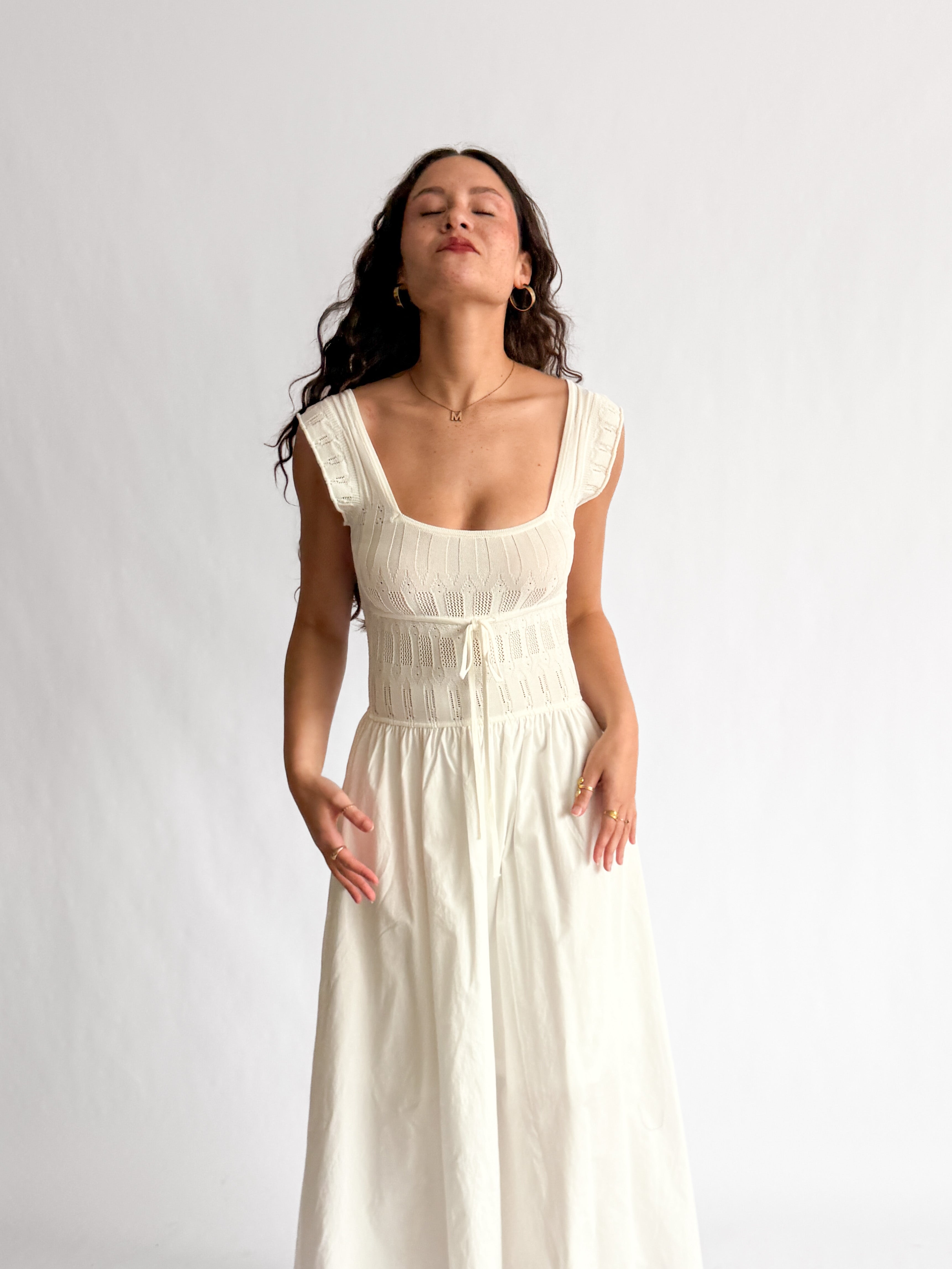 Tamara Ivory Textured Knit Smock Tiered Midi Dress