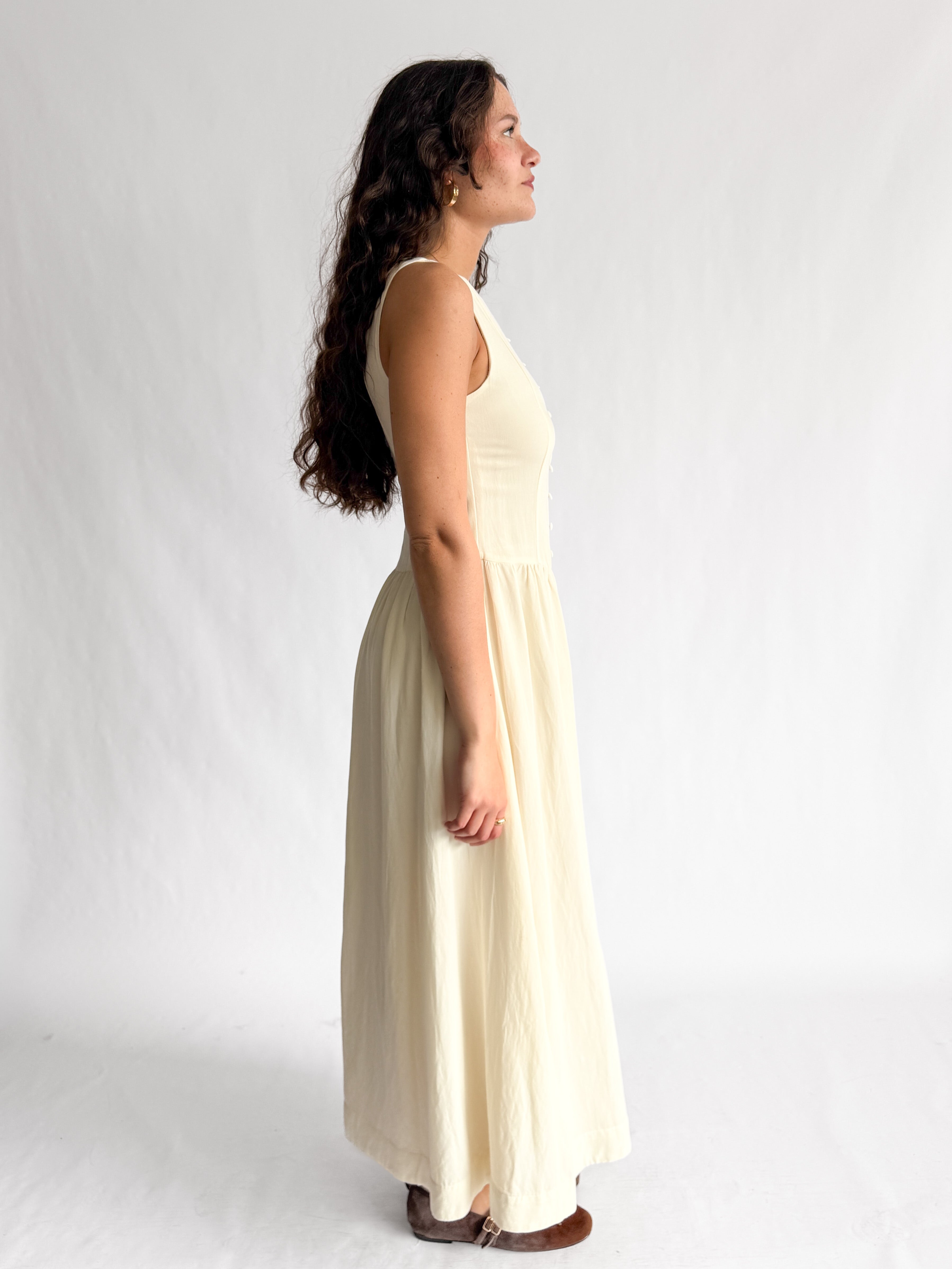 Tori Boat Neck Front Button Detail Cotton Midi Dress (Cream)