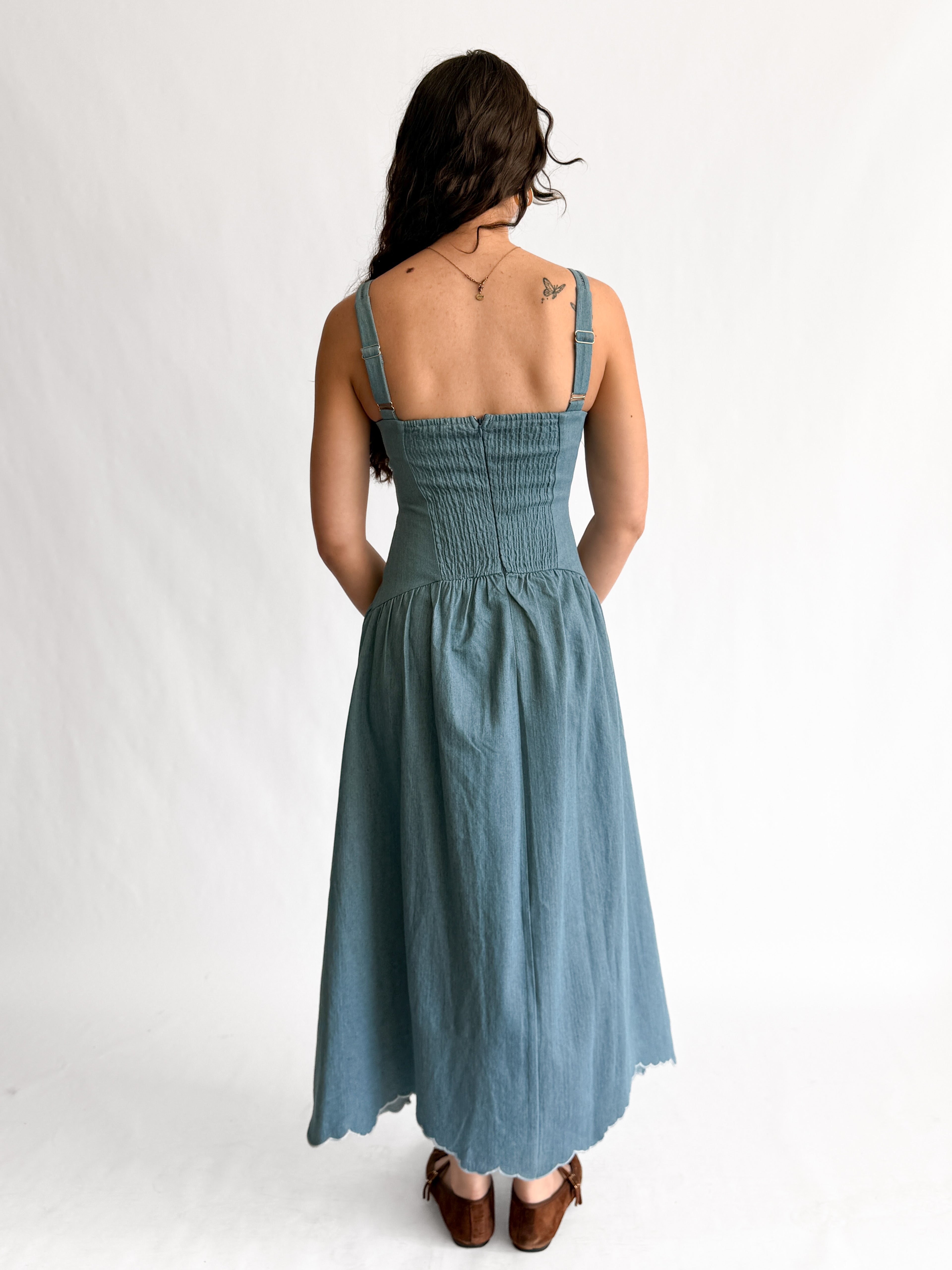 Tracy Blue Denim Eyelet Drop Waist Sleeveless Midi Dress