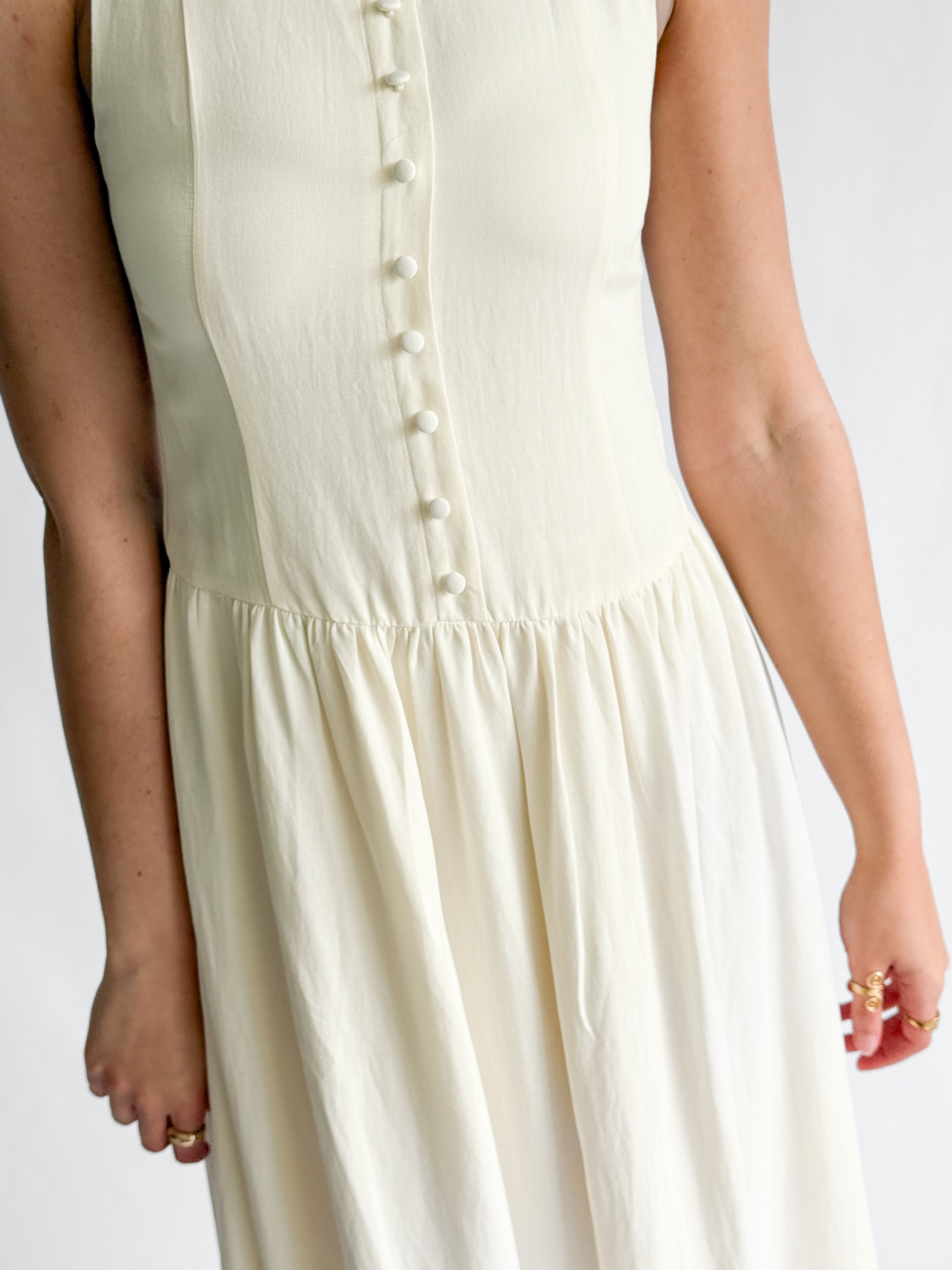Tori Boat Neck Front Button Detail Cotton Midi Dress (Cream)