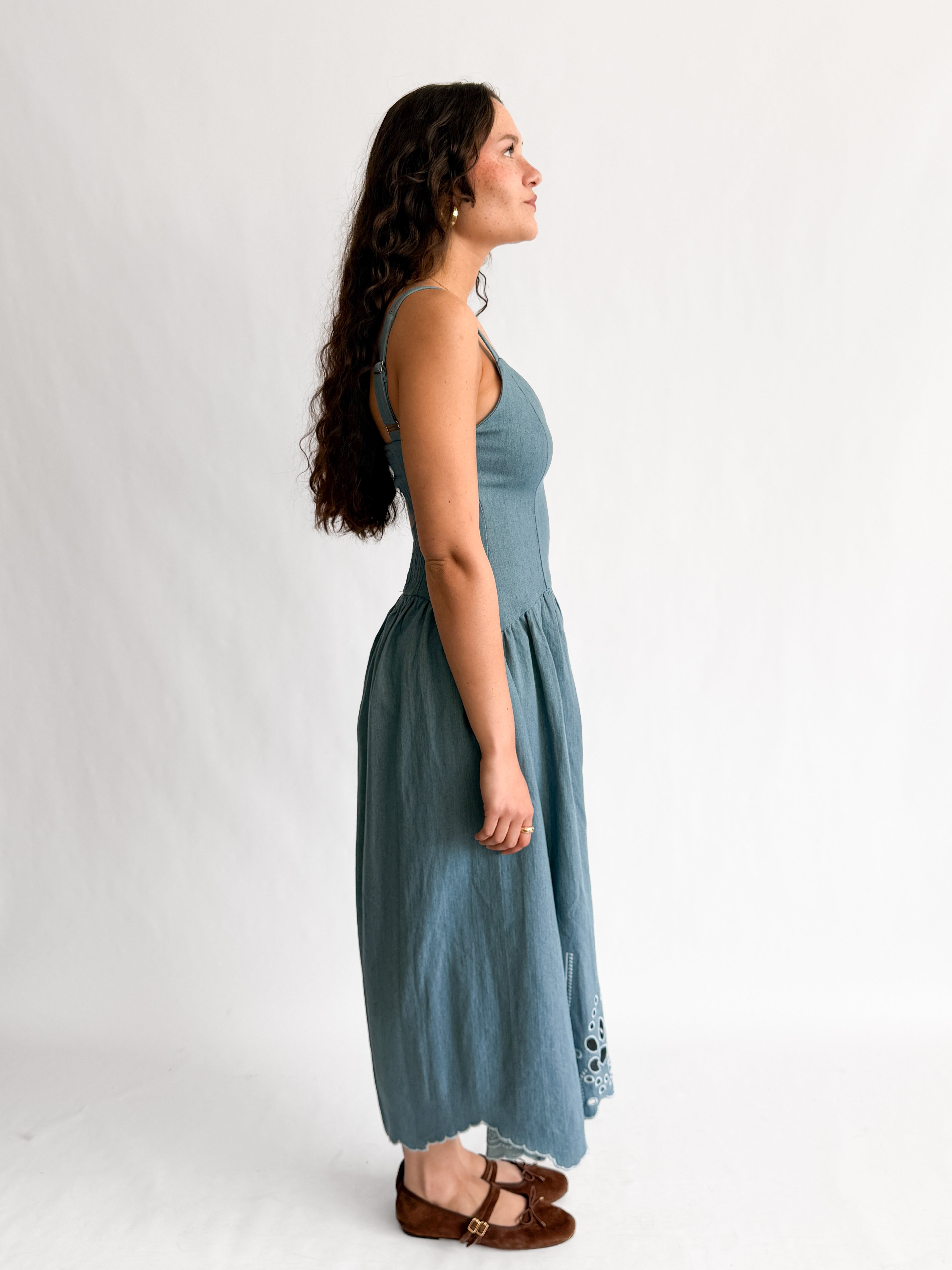 Tracy Blue Denim Eyelet Drop Waist Sleeveless Midi Dress