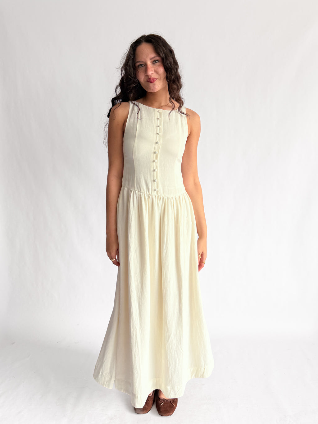 Tori Boat Neck Front Button Detail Cotton Midi Dress (Cream)