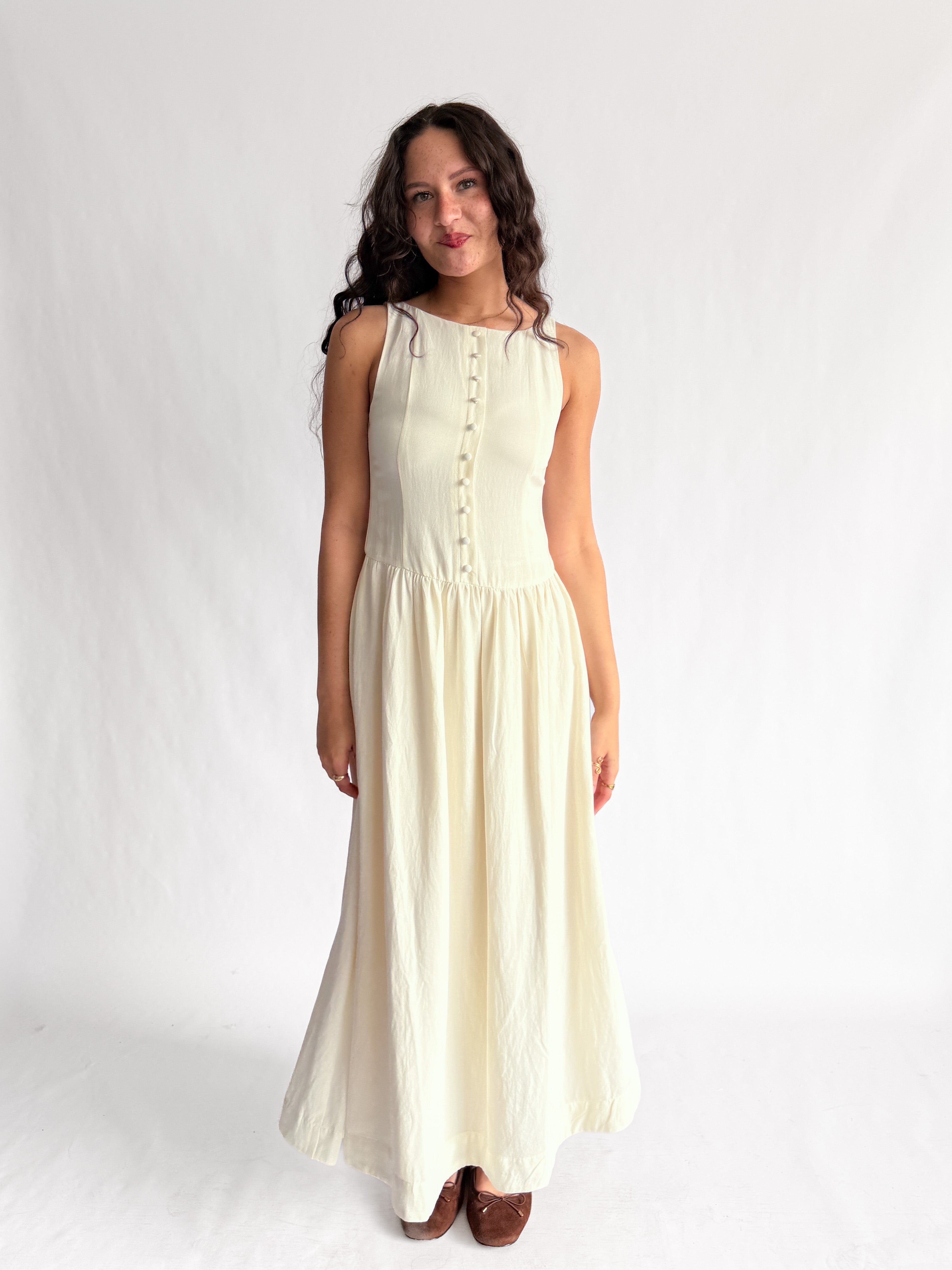 Tori Boat Neck Front Button Detail Cotton Midi Dress (Cream)