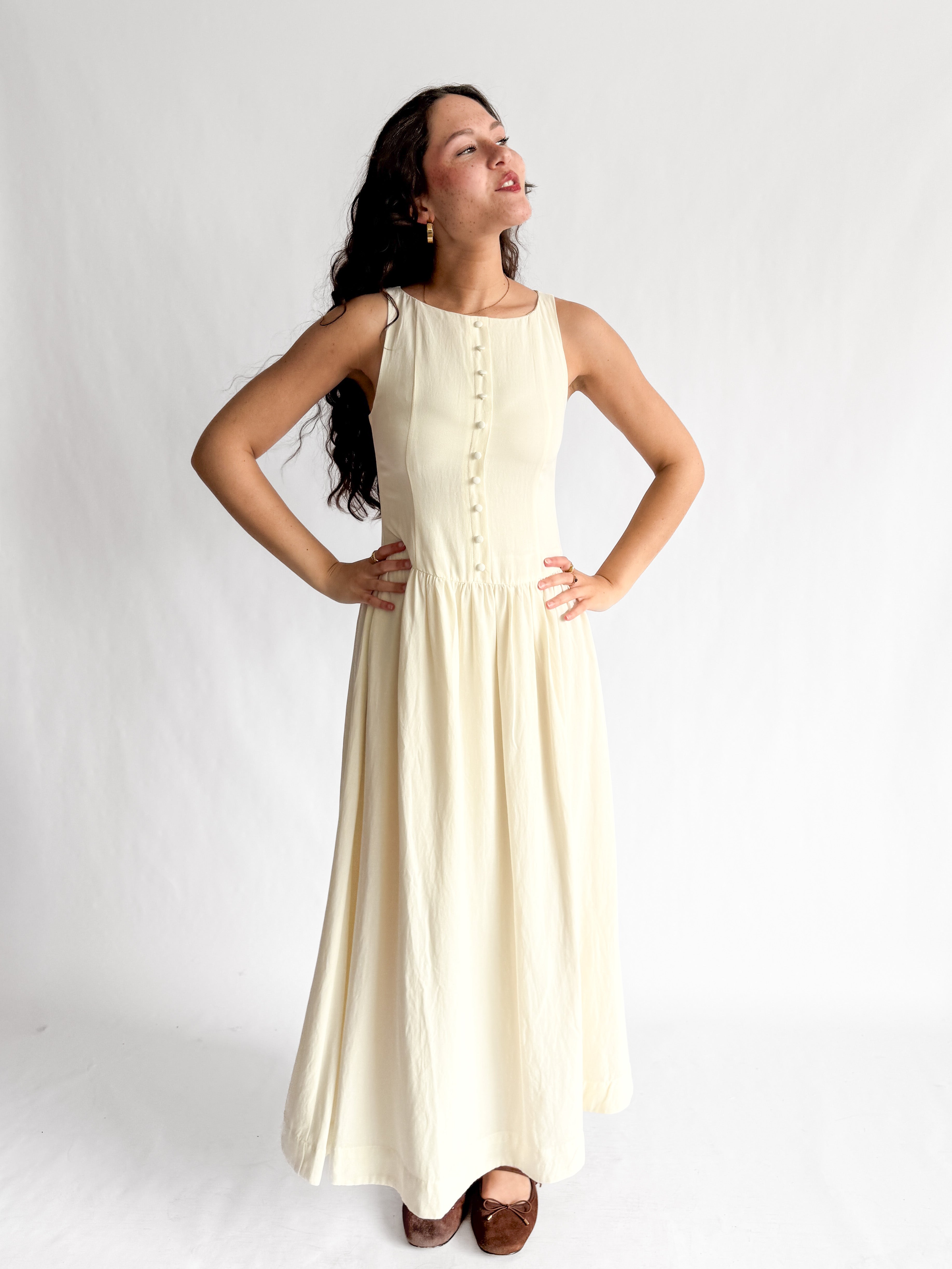Tori Boat Neck Front Button Detail Cotton Midi Dress (Cream)