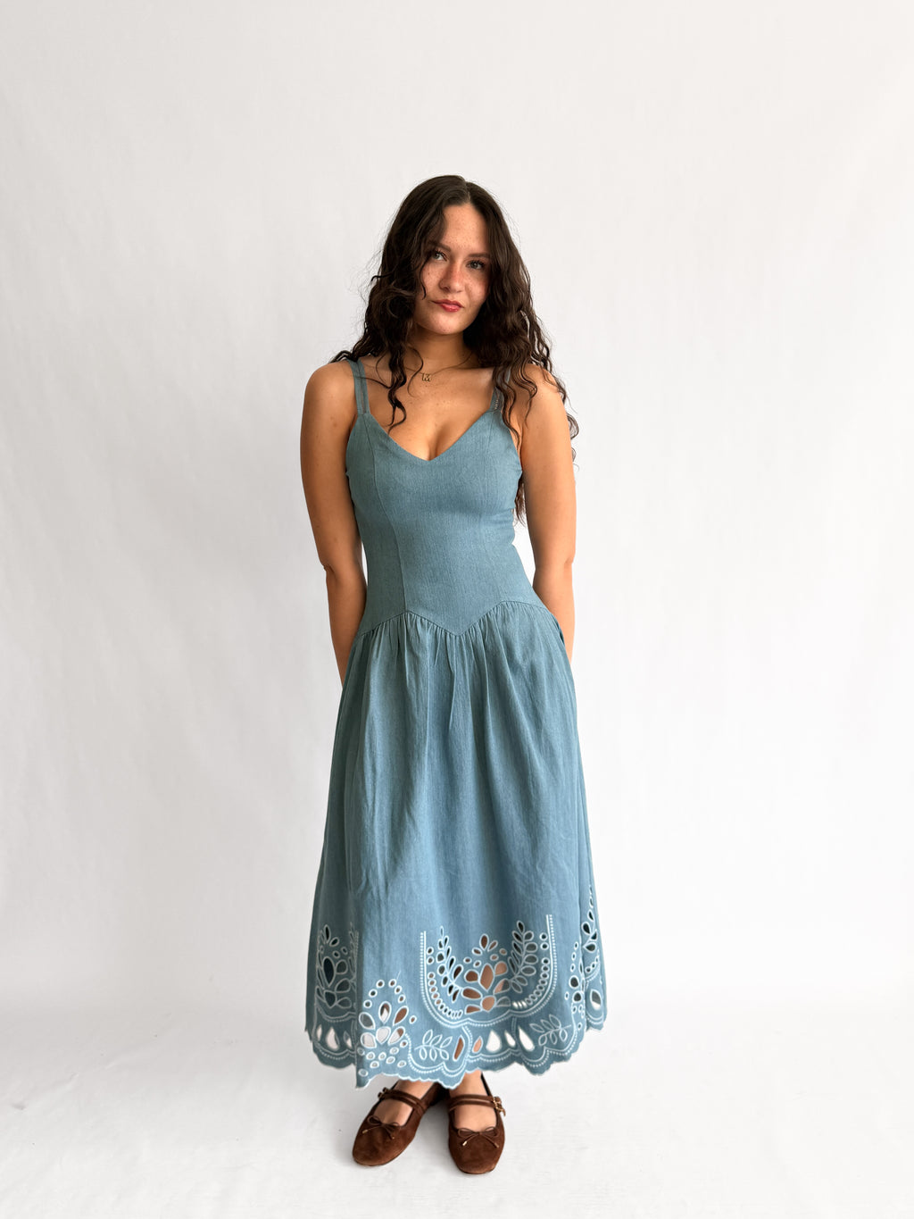 Tracy Blue Denim Eyelet Drop Waist Sleeveless Midi Dress