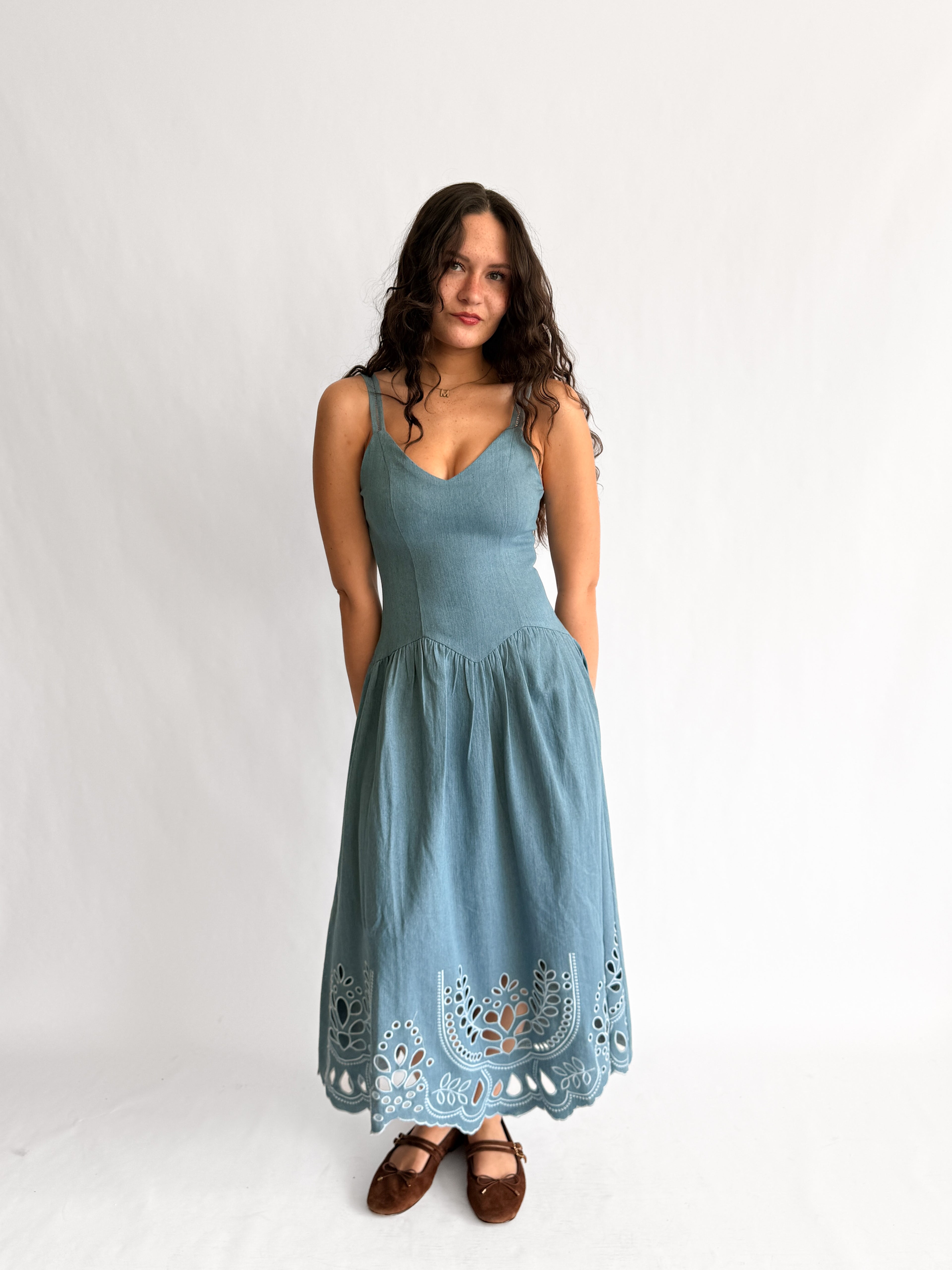 Tracy Blue Denim Eyelet Drop Waist Sleeveless Midi Dress