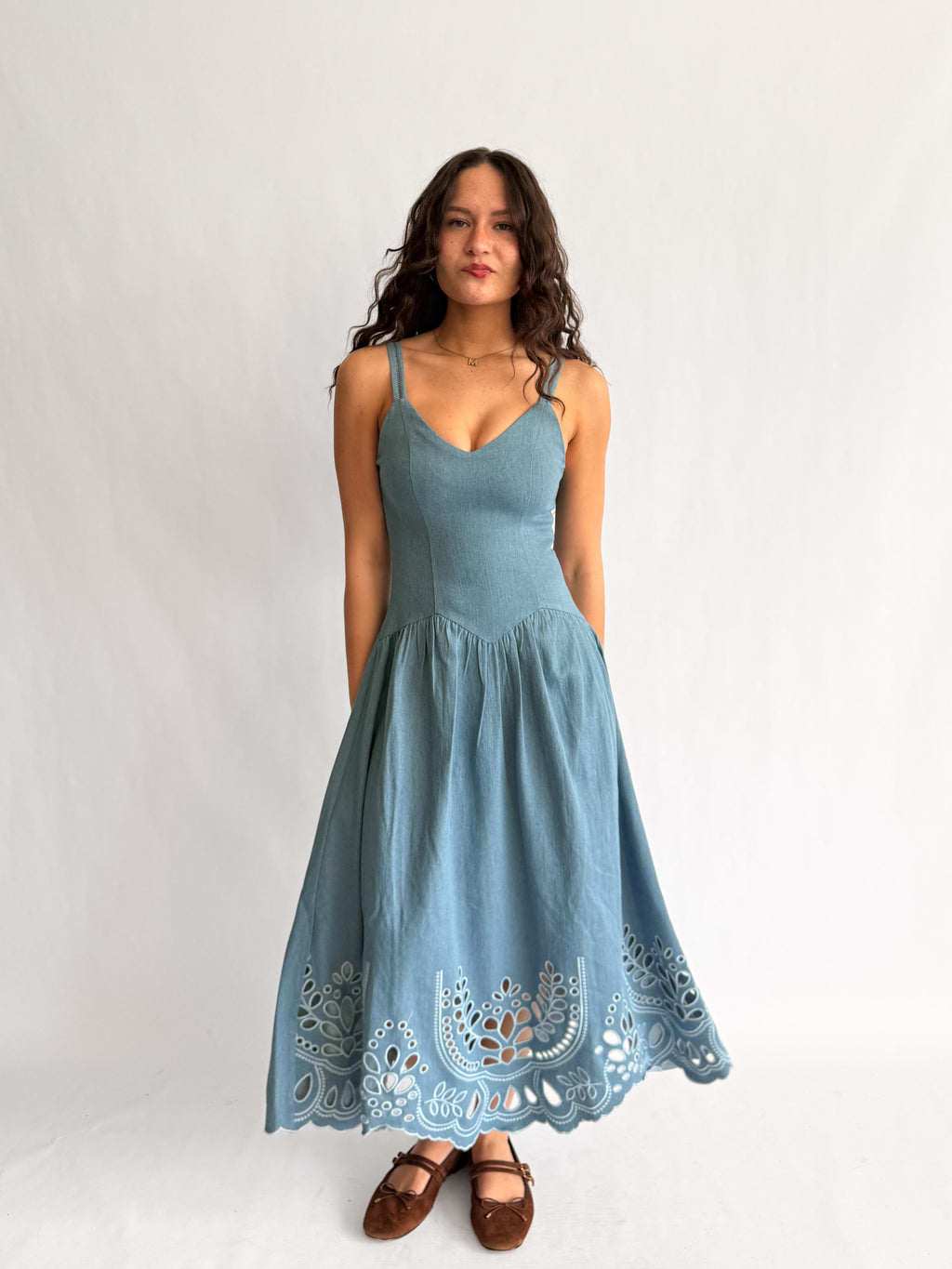 Tracy Blue Denim Eyelet Drop Waist Sleeveless Midi Dress
