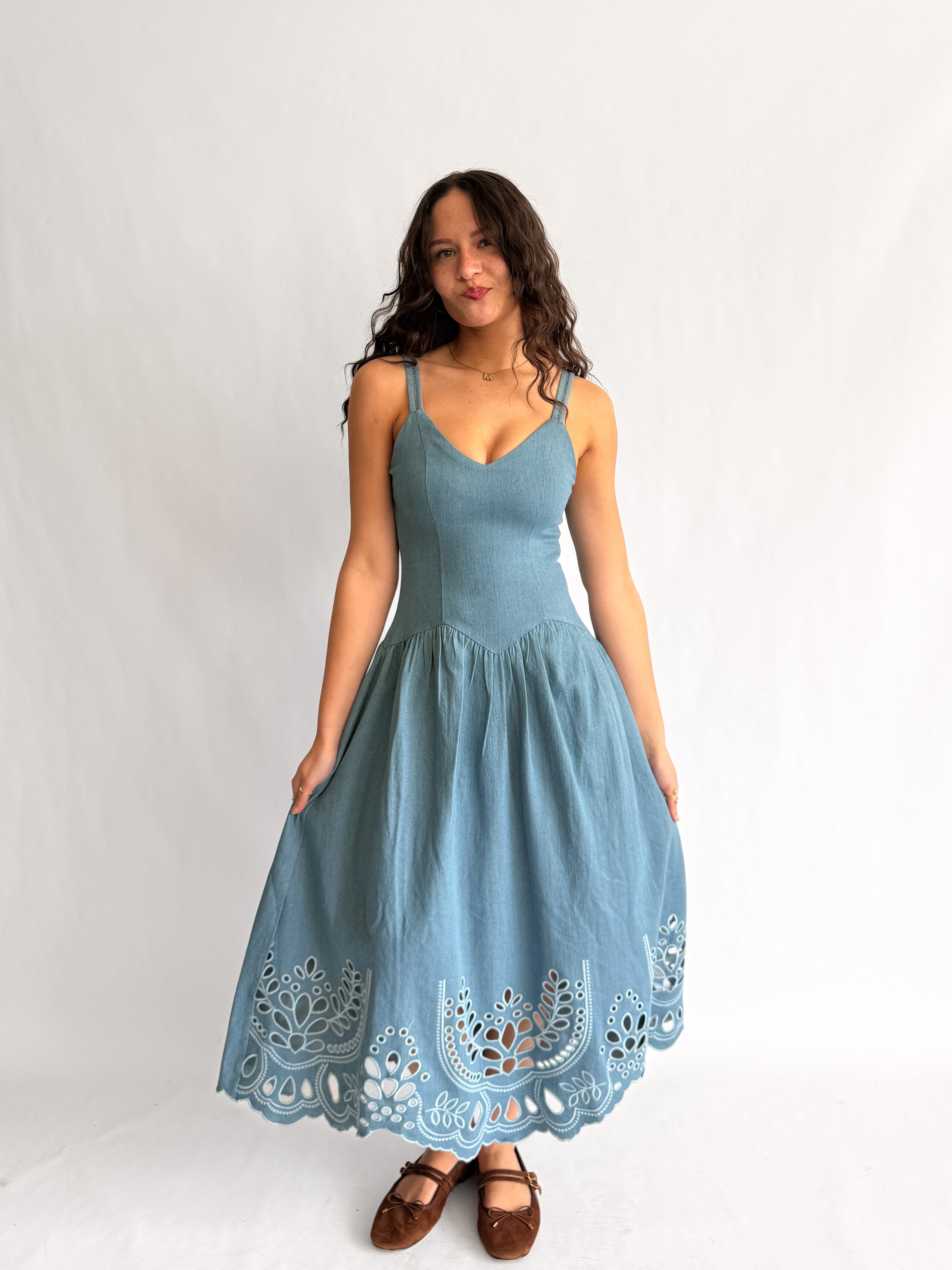 Tracy Blue Denim Eyelet Drop Waist Sleeveless Midi Dress