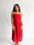 Tiara Red Eyelet Detail Scalloped Sleeveless Midi Dress