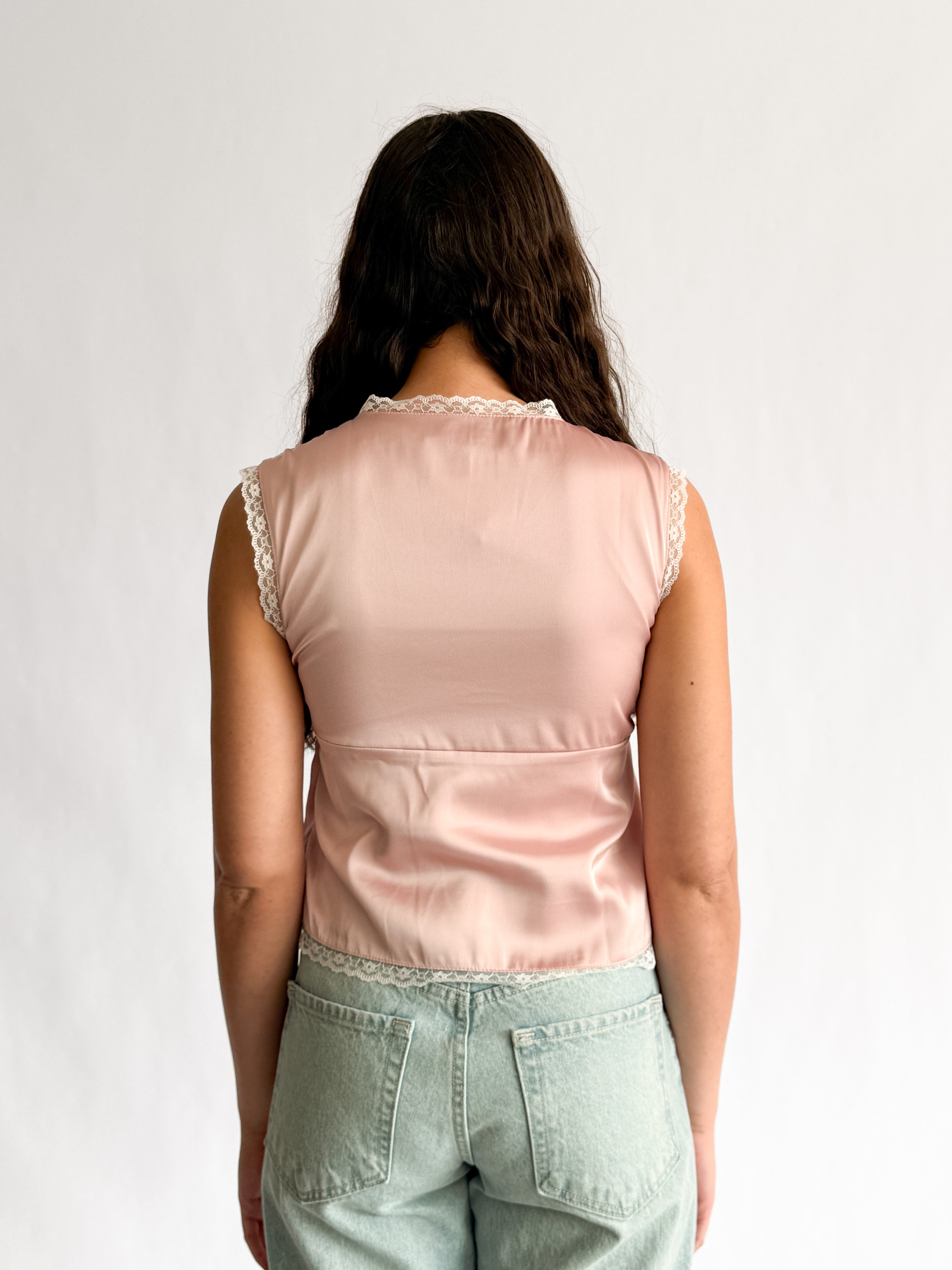 Teagan Dusty Pink Satin Lace Trim V-Neck Top
