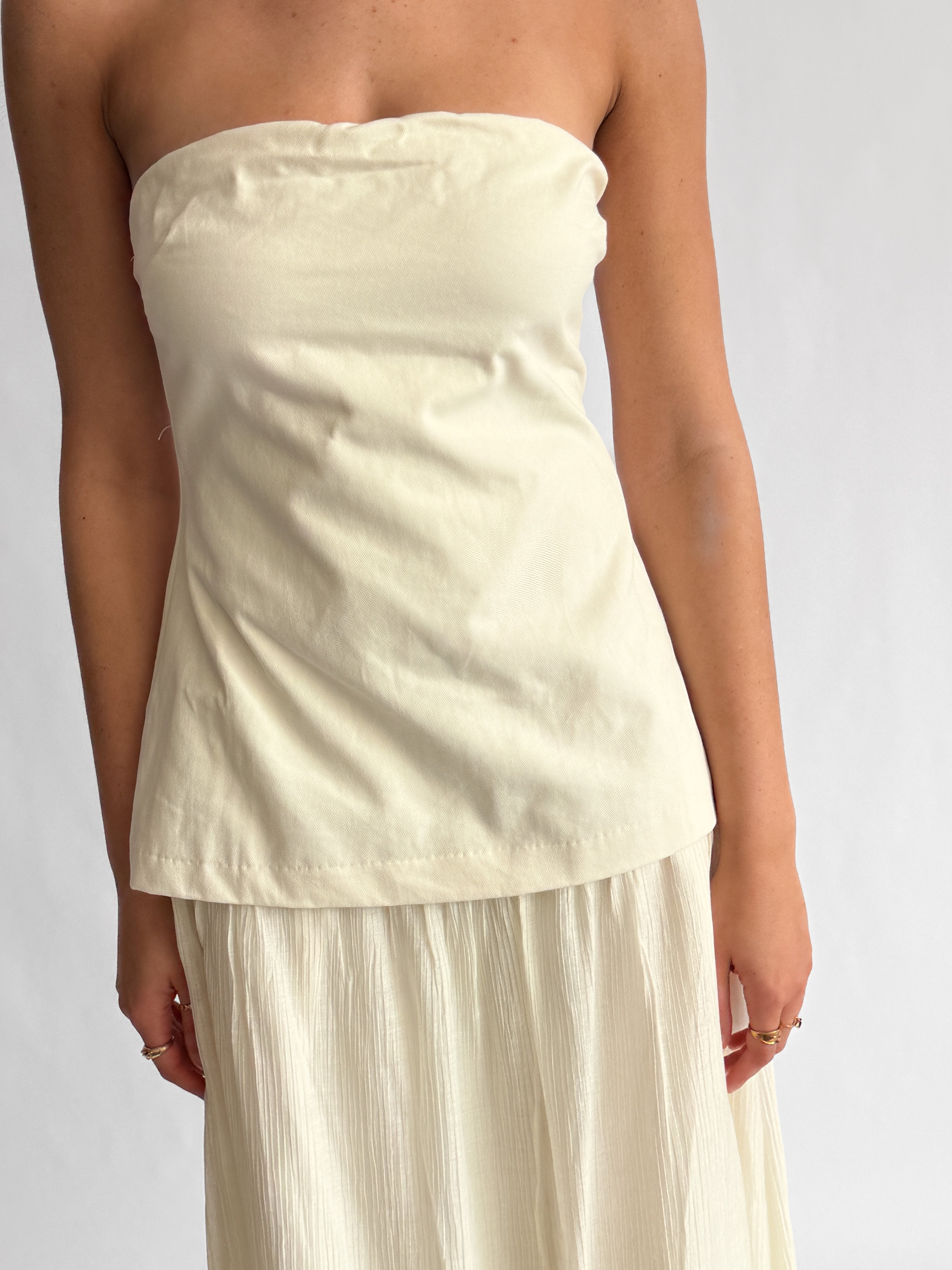 Talia Cream Strapless Mixed Media Midi Dress