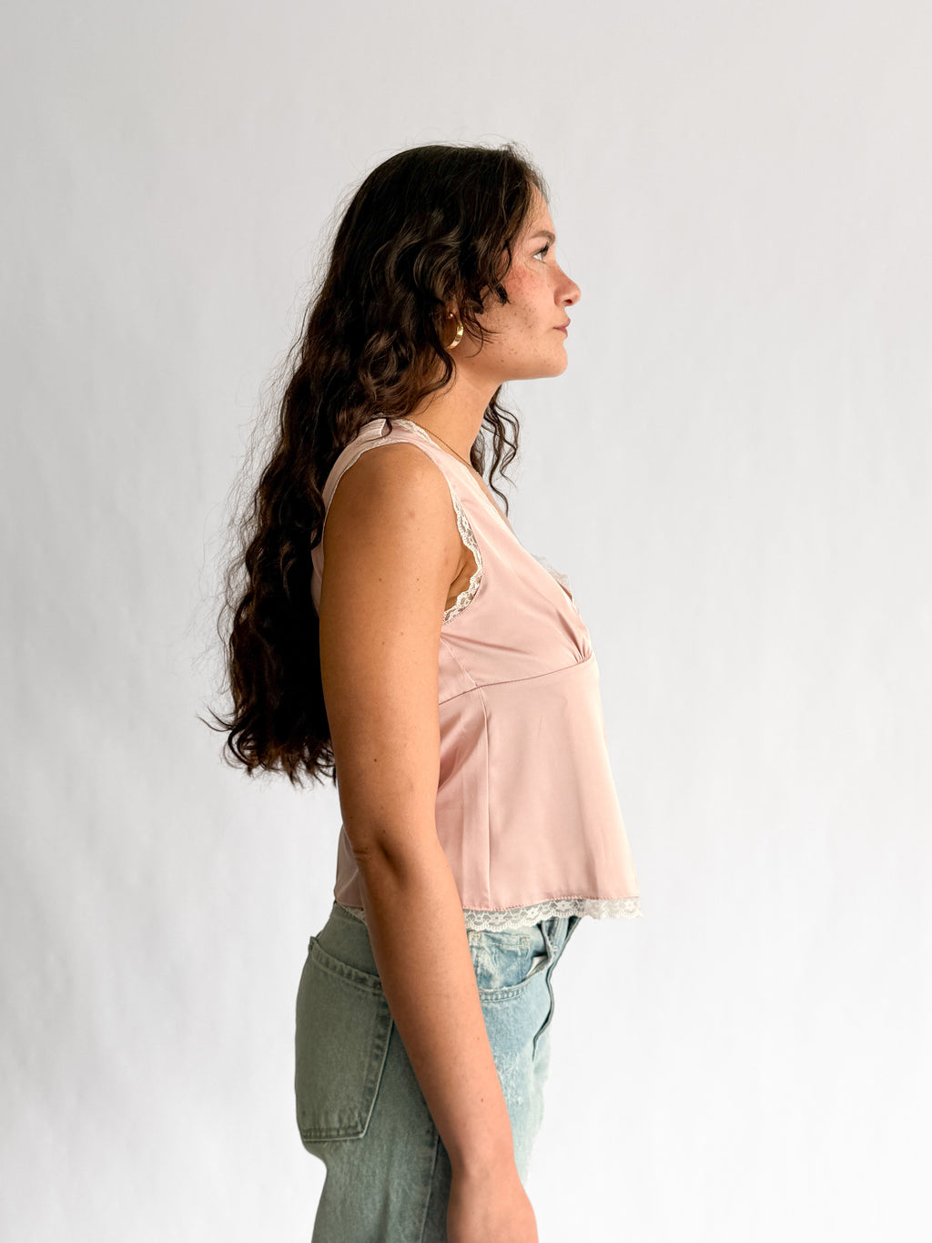 Teagan Dusty Pink Satin Lace Trim V-Neck Top