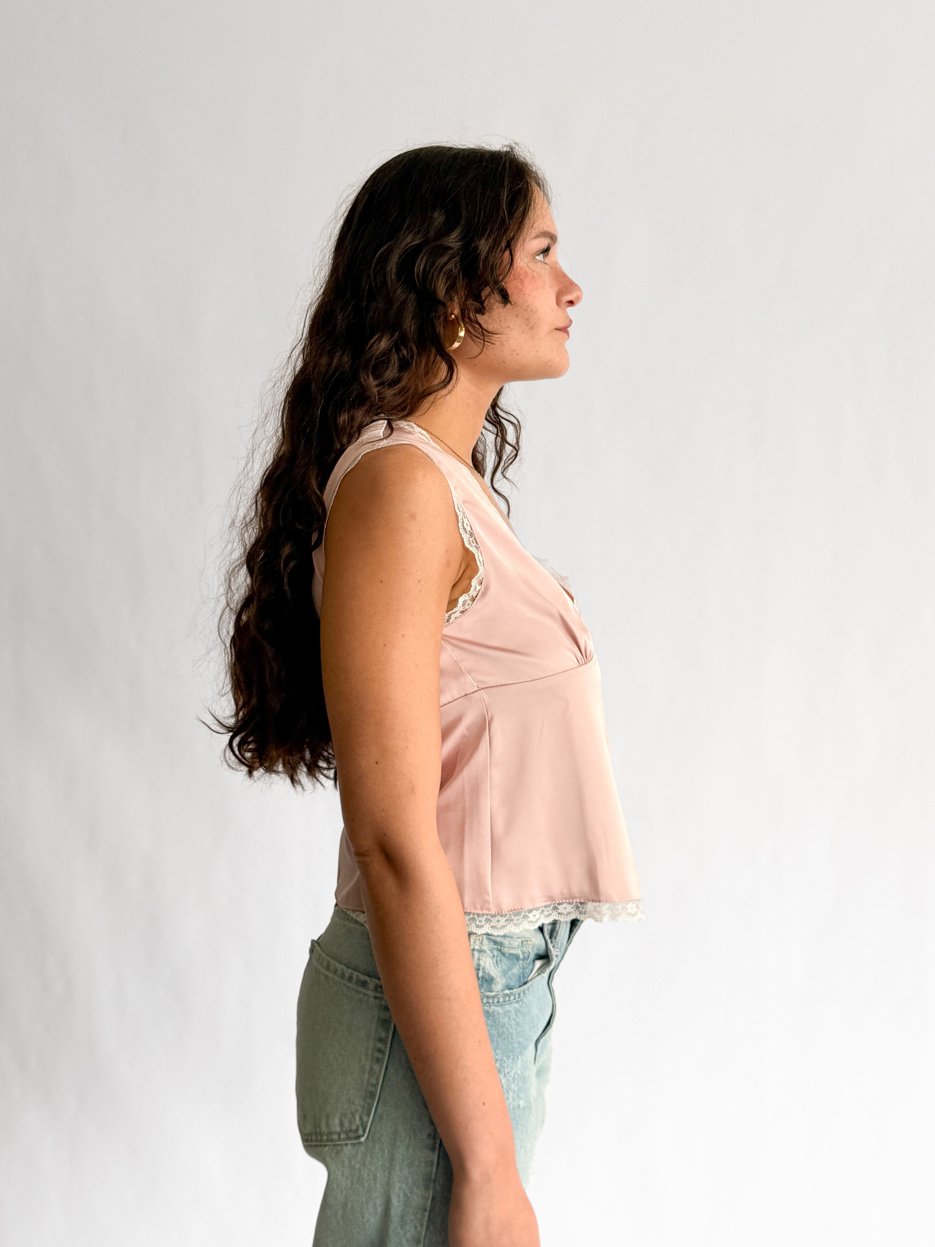 Teagan Dusty Pink Satin Lace Trim V-Neck Top