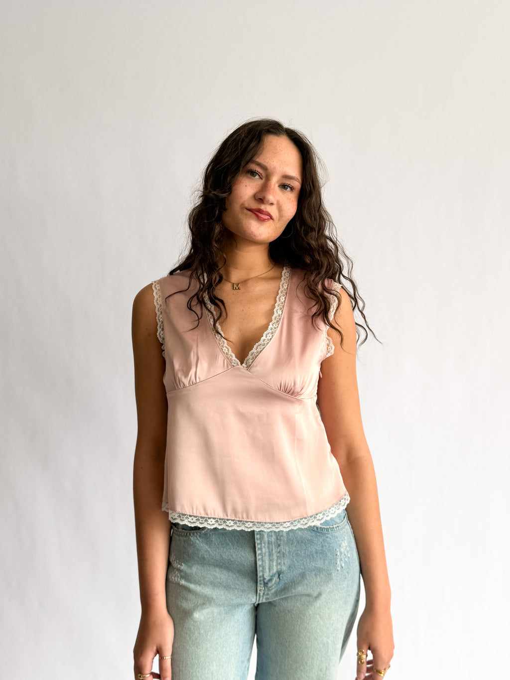 Teagan Dusty Pink Satin Lace Trim V-Neck Top