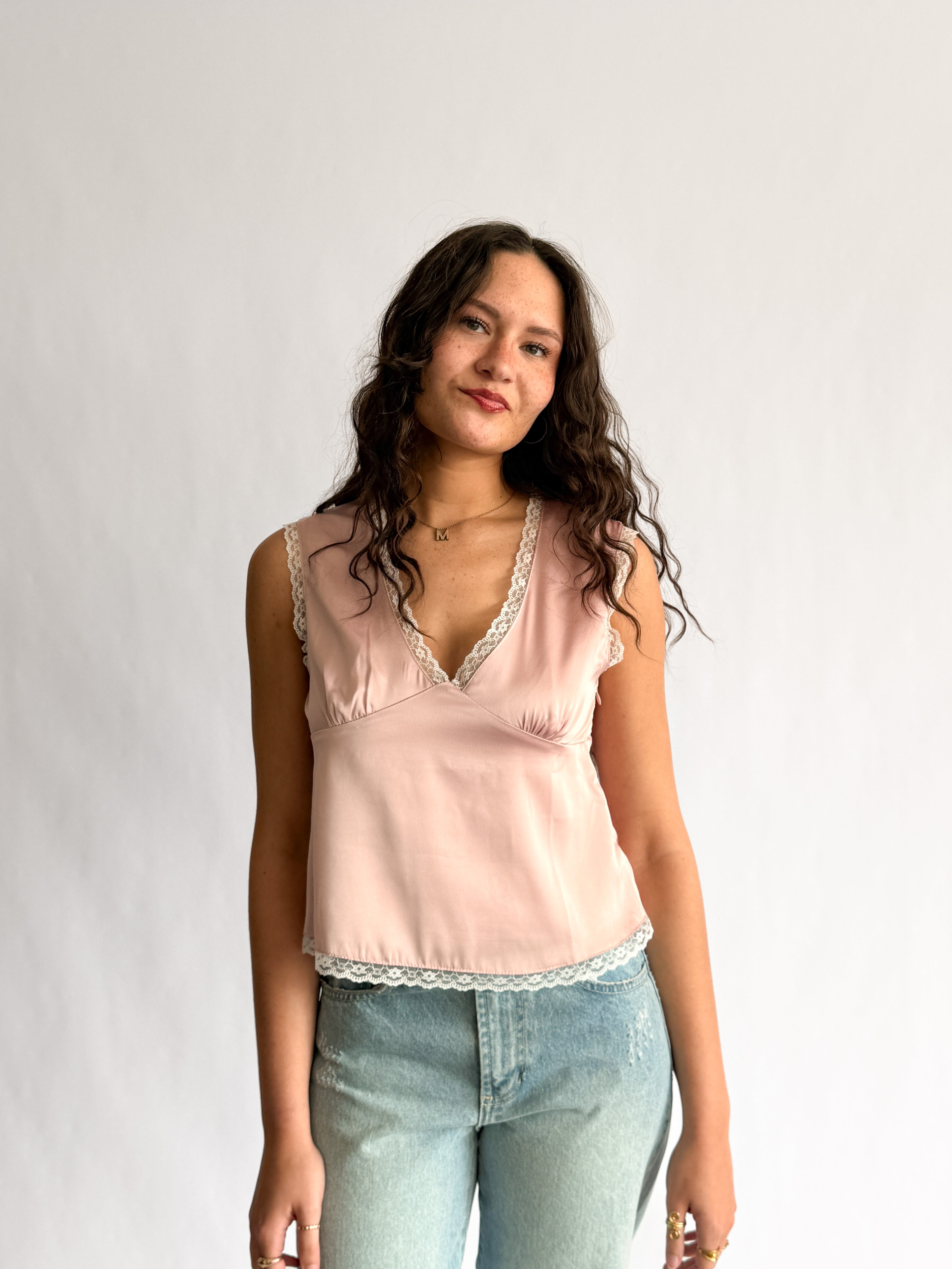 Teagan Dusty Pink Satin Lace Trim V-Neck Top
