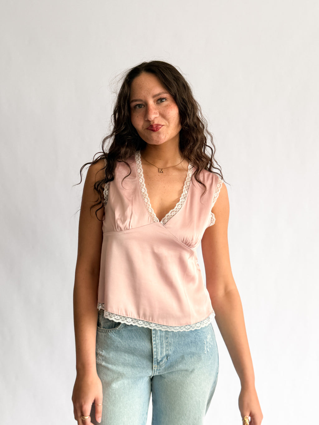 Teagan Dusty Pink Satin Lace Trim V-Neck Top
