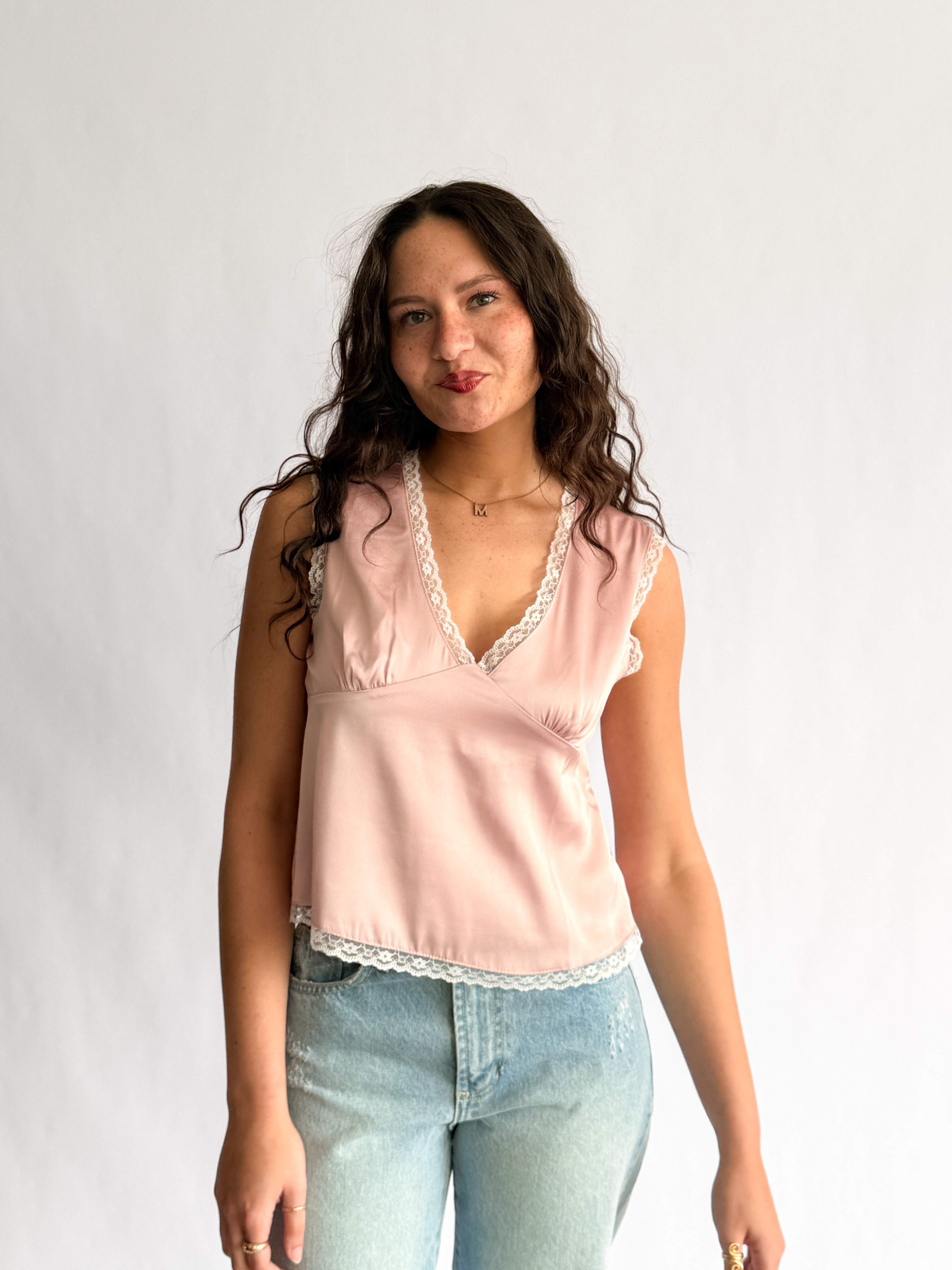 Teagan Dusty Pink Satin Lace Trim V-Neck Top
