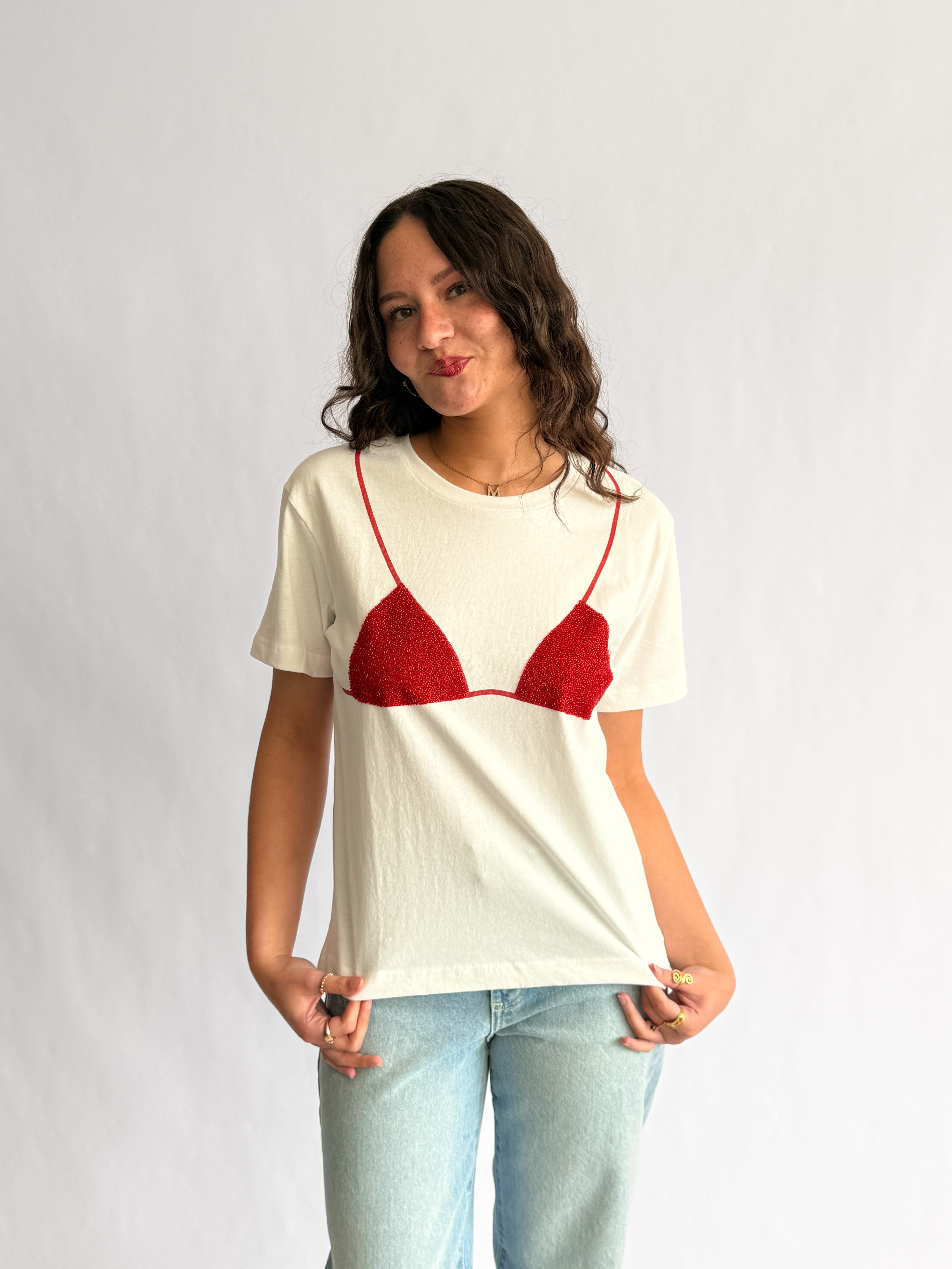 Tilly Beaded Bikini Cotton T-Shirt (Red)