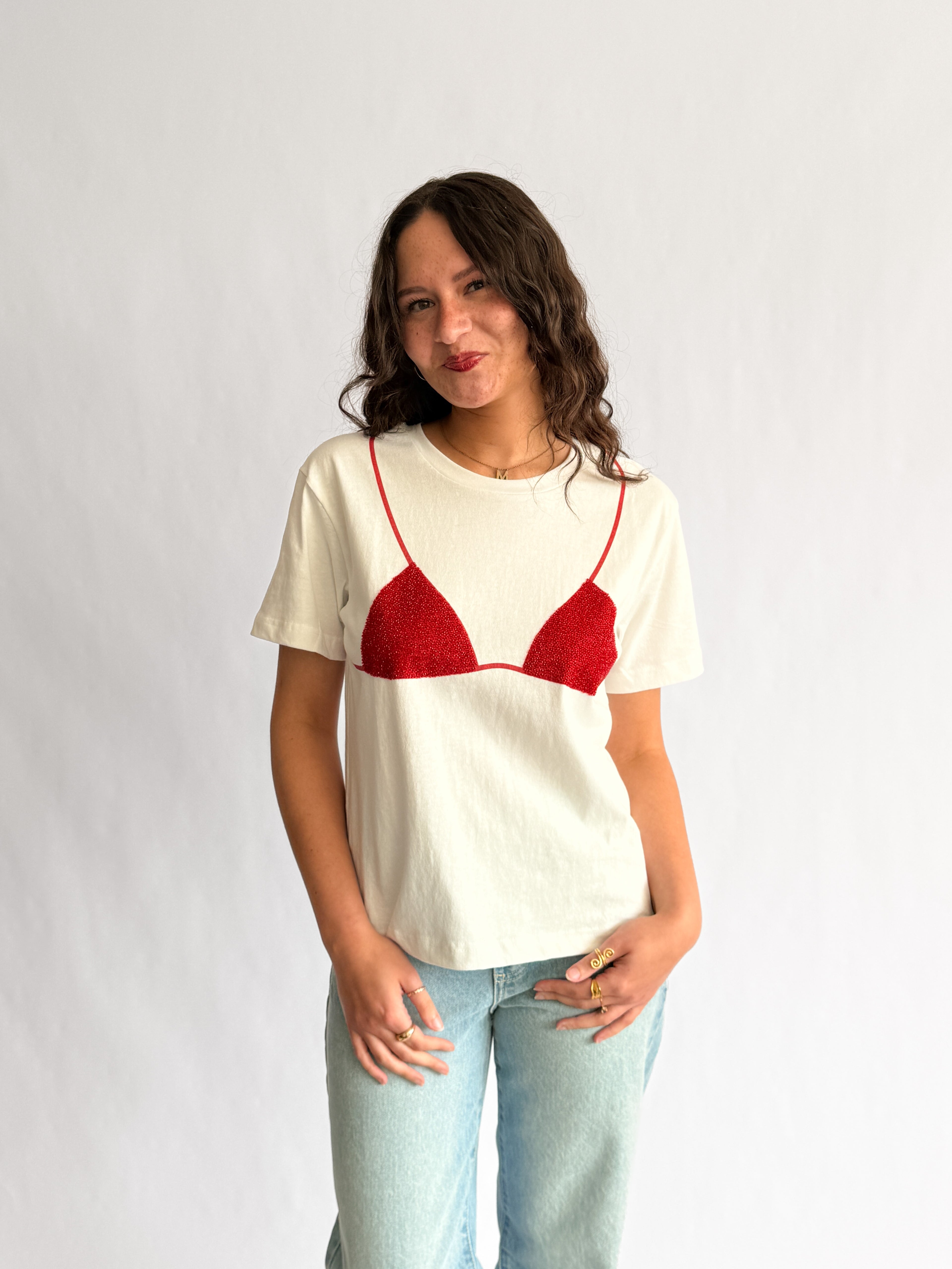 Tilly Beaded Bikini Cotton T-Shirt (Red)