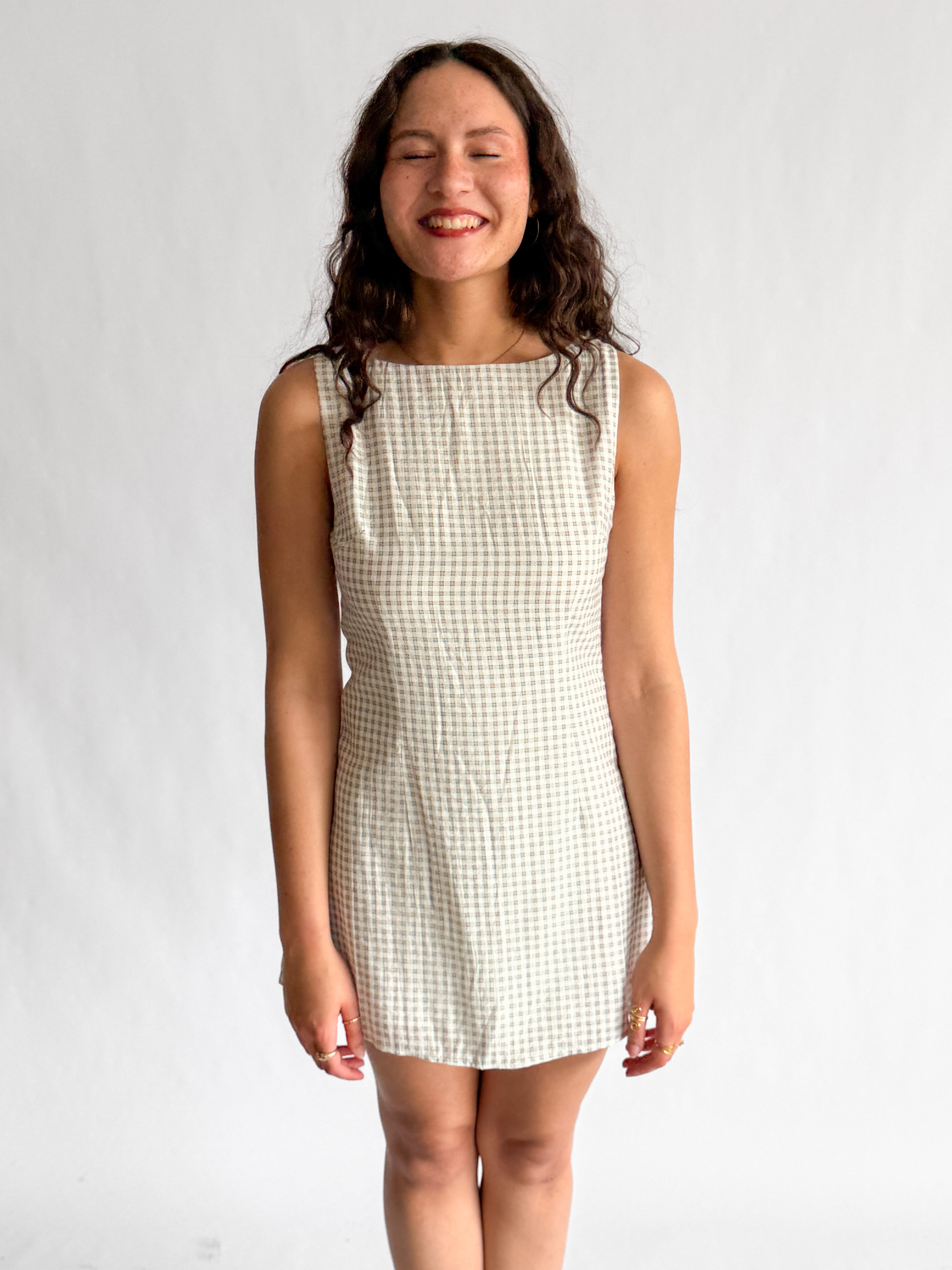 Teddy Grid Patterned Boat Neck Tank Mini Dress (Grey)