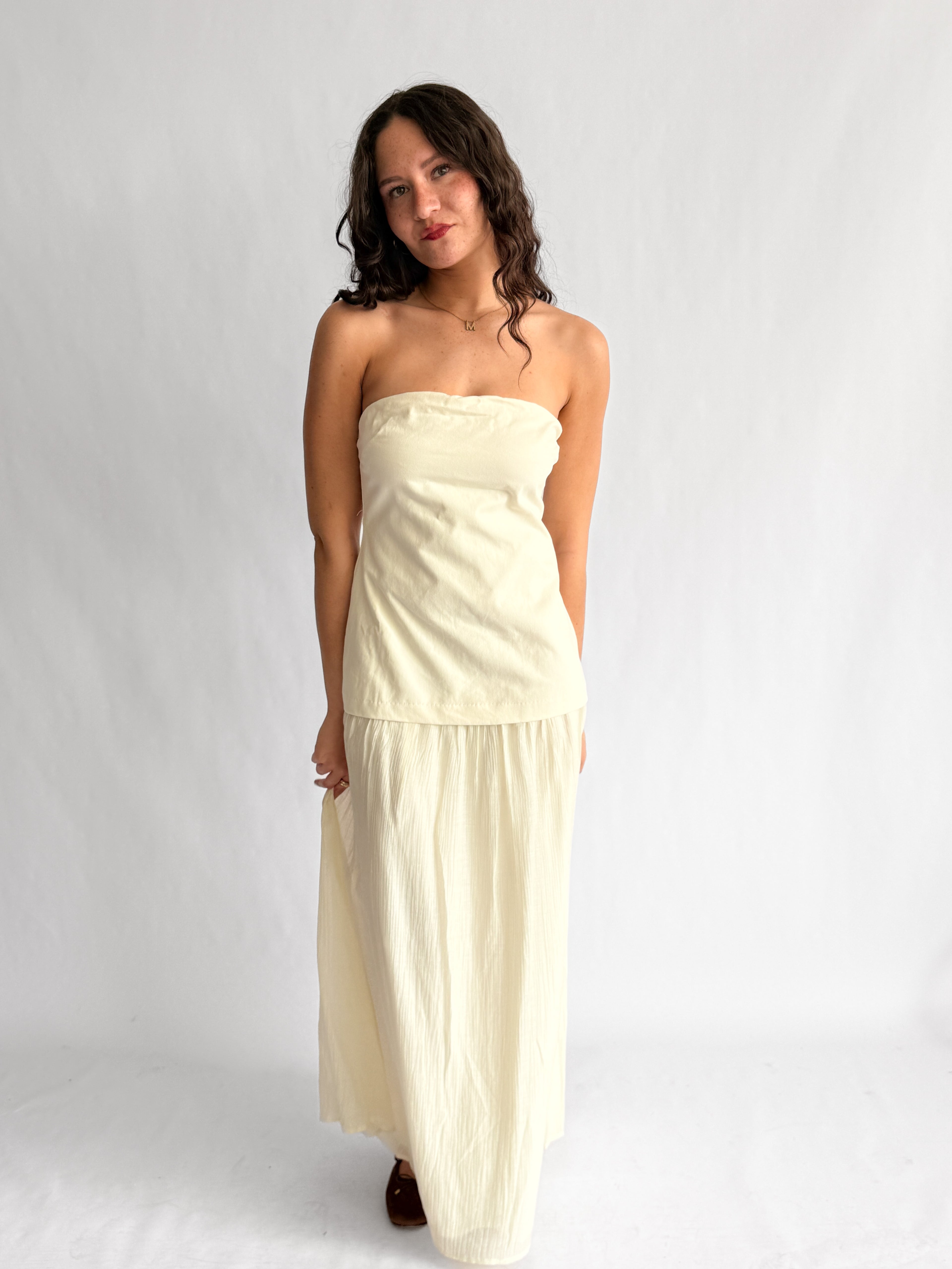 Talia Cream Strapless Mixed Media Midi Dress